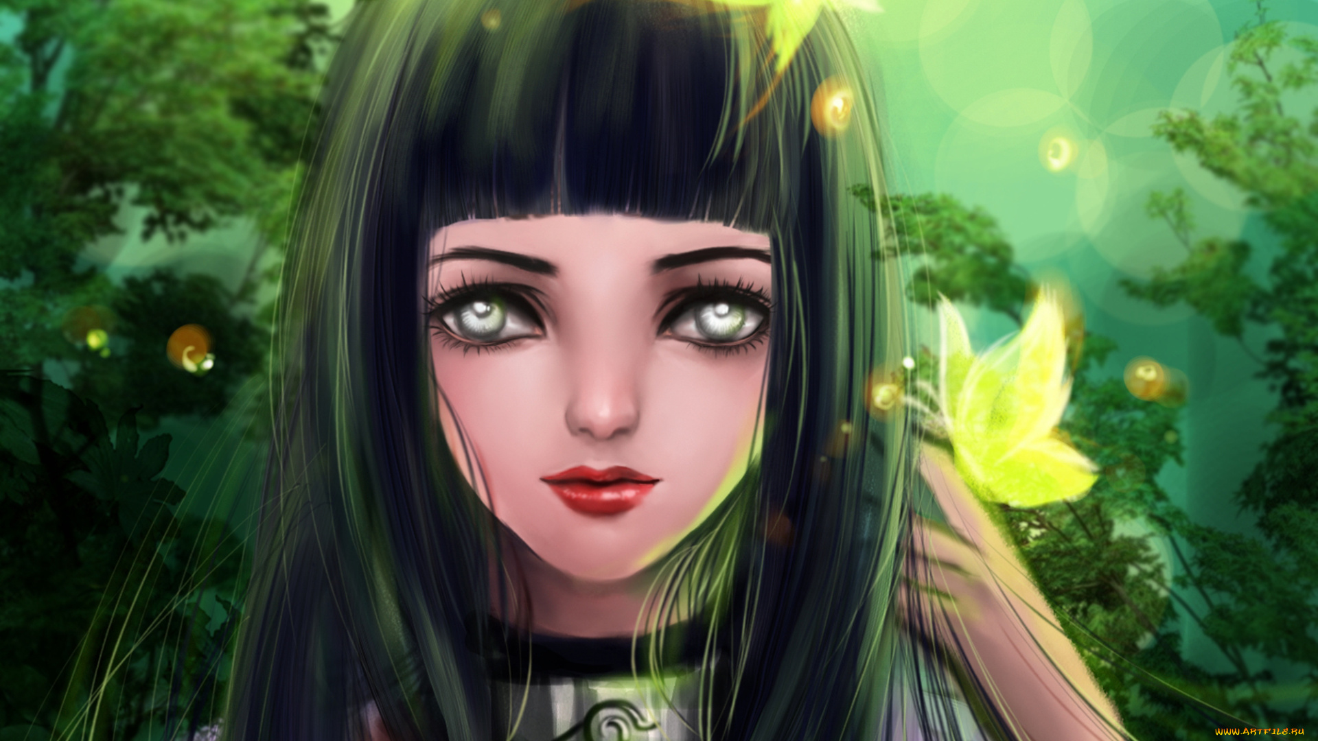 аниме, naruto, бабочки, девушка, rikamello, бьякуган, деревья, наруто, хината, hinata