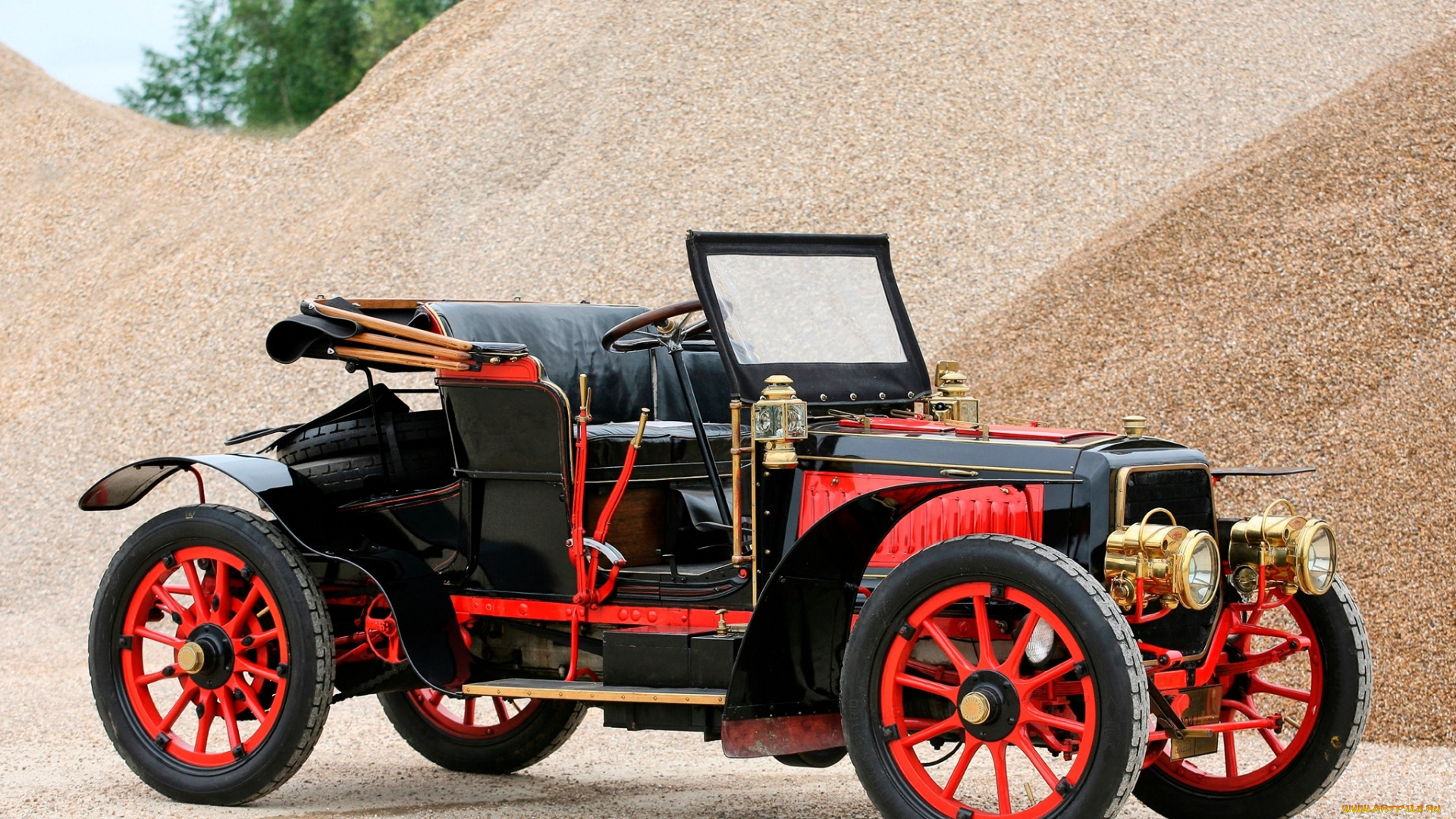 автомобили, классика, небо, деревья, куча, щебня