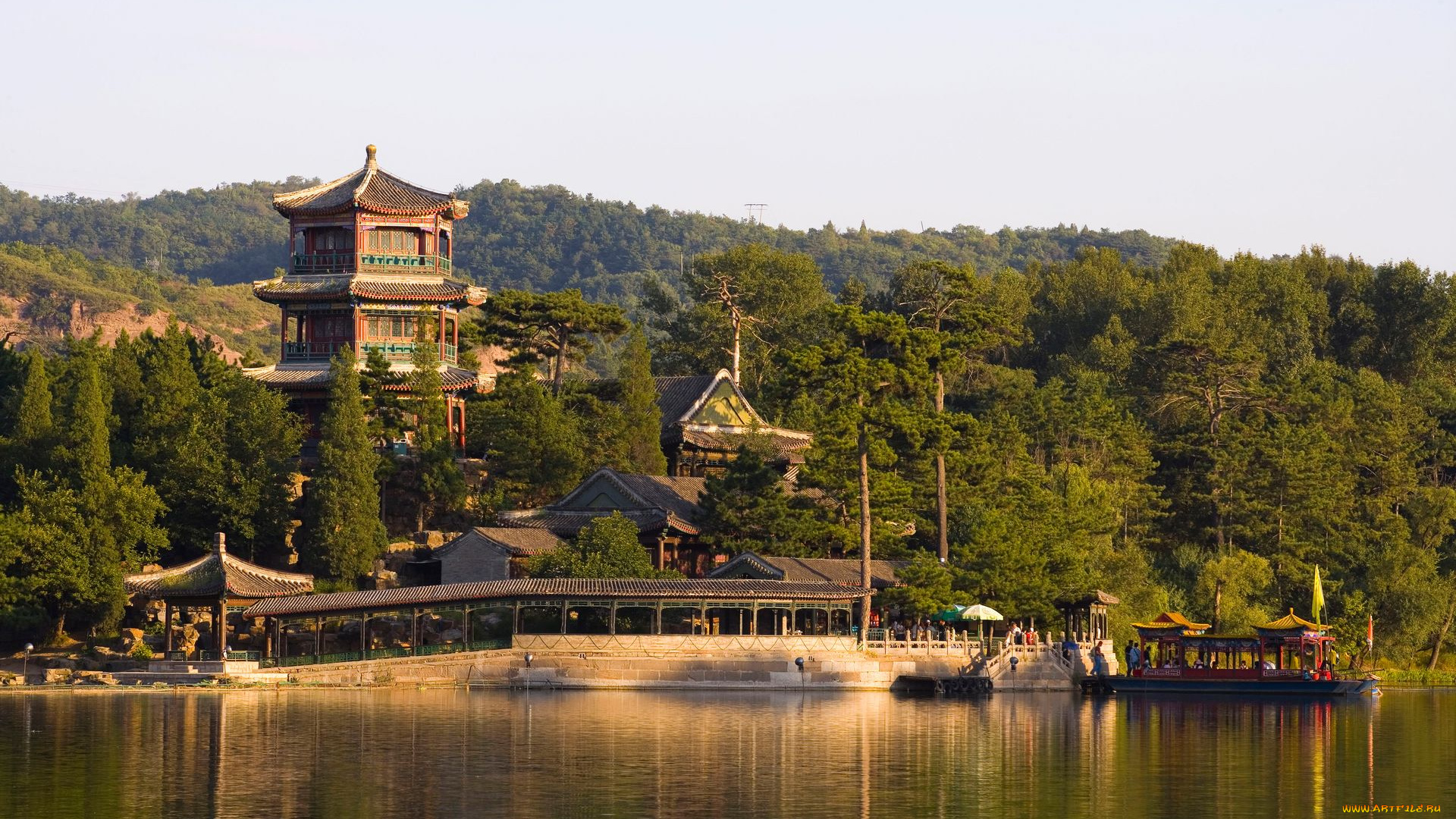 города, буддистские, другие, храмы, храм, деревья, озеро