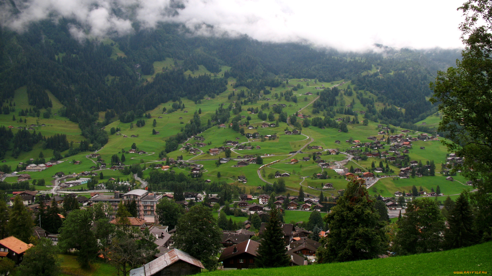 grindelwald, switzerland, города, пейзажи, дымка, дома, горы