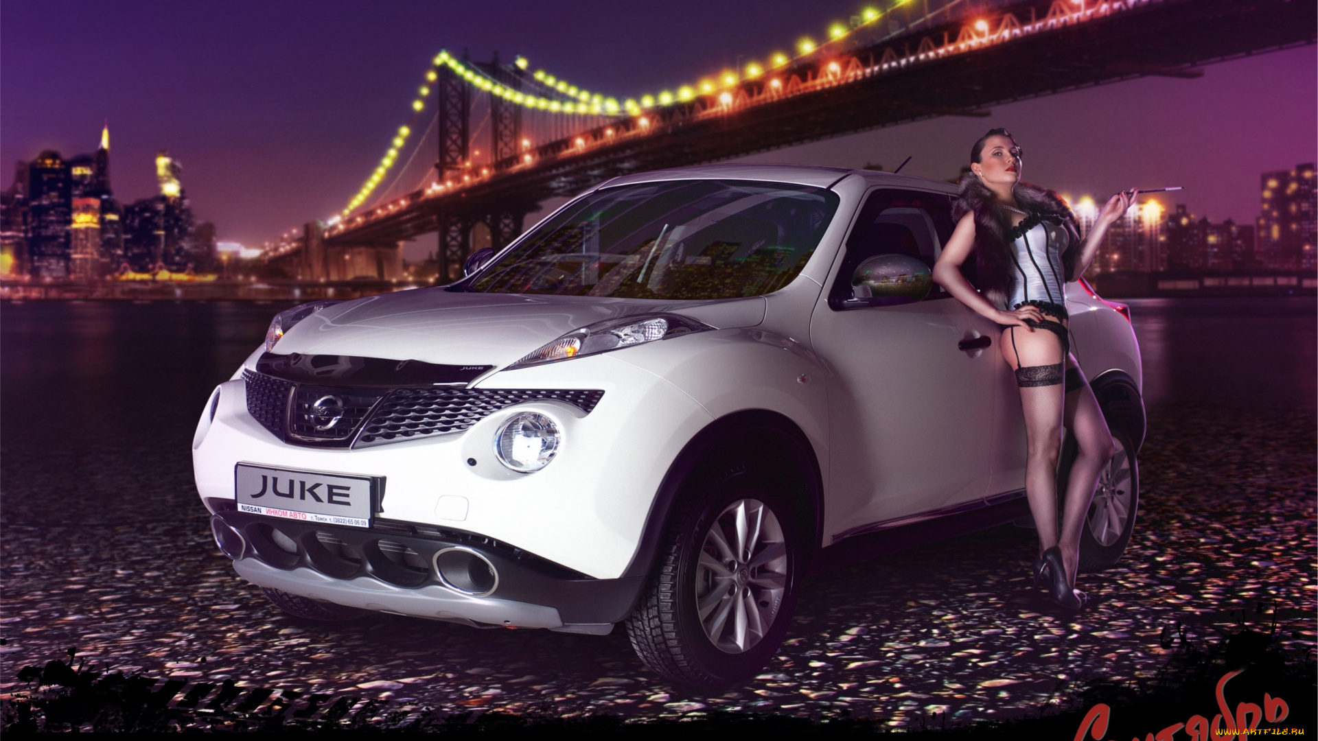 календари, девушки, корсет, сигарета, авто, ниссан, чулки, мост