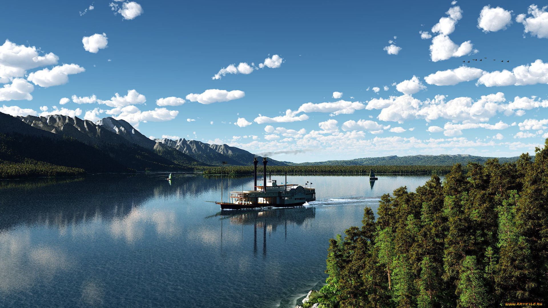 корабли, другое, река, облака, горы