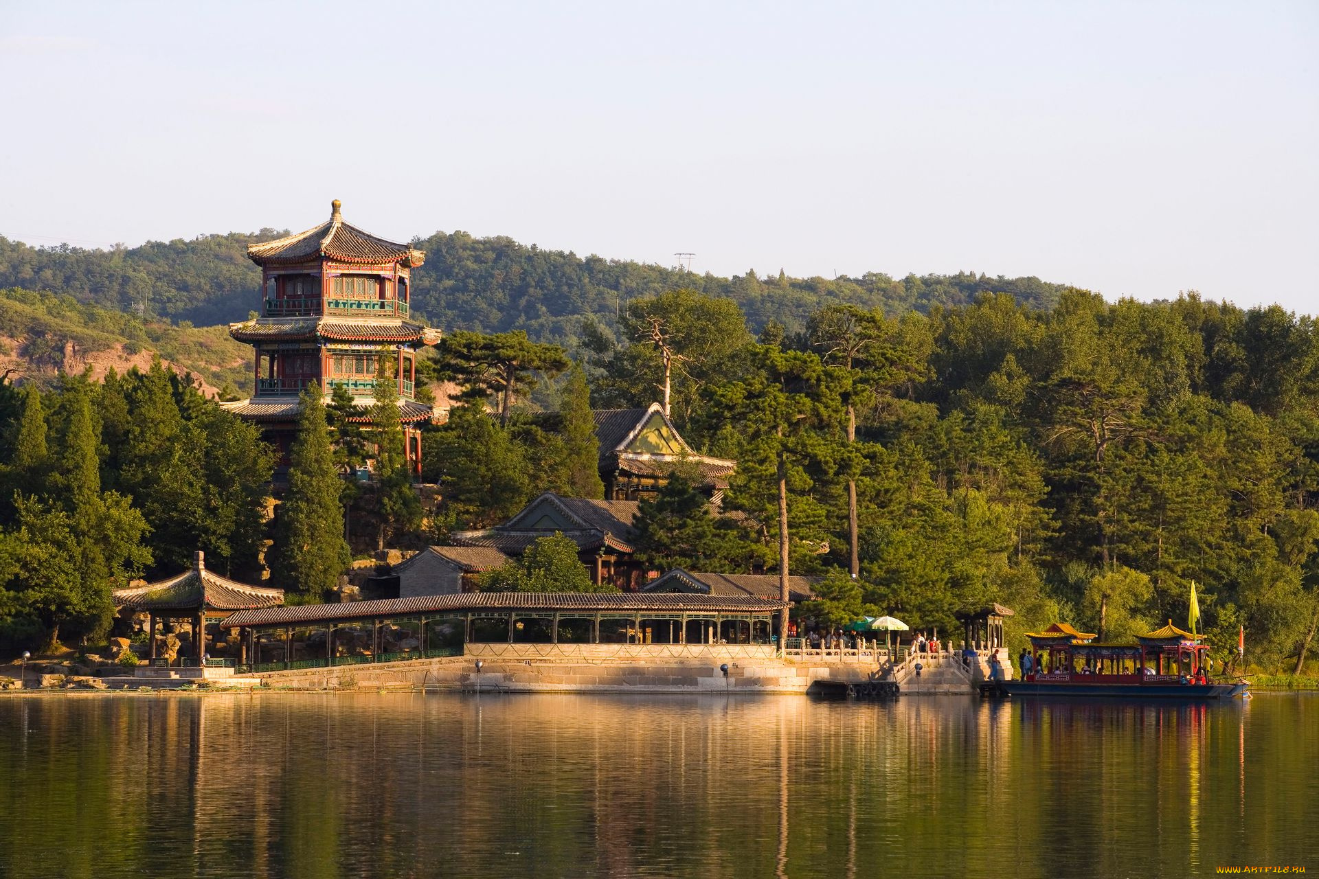 города, буддистские, другие, храмы, храм, деревья, озеро