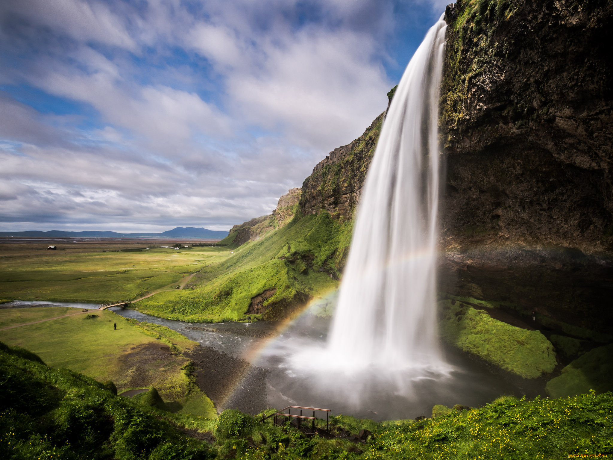 seljalandsfoss, iceland, природа, водопады, скалы, долина, радуга, исландия