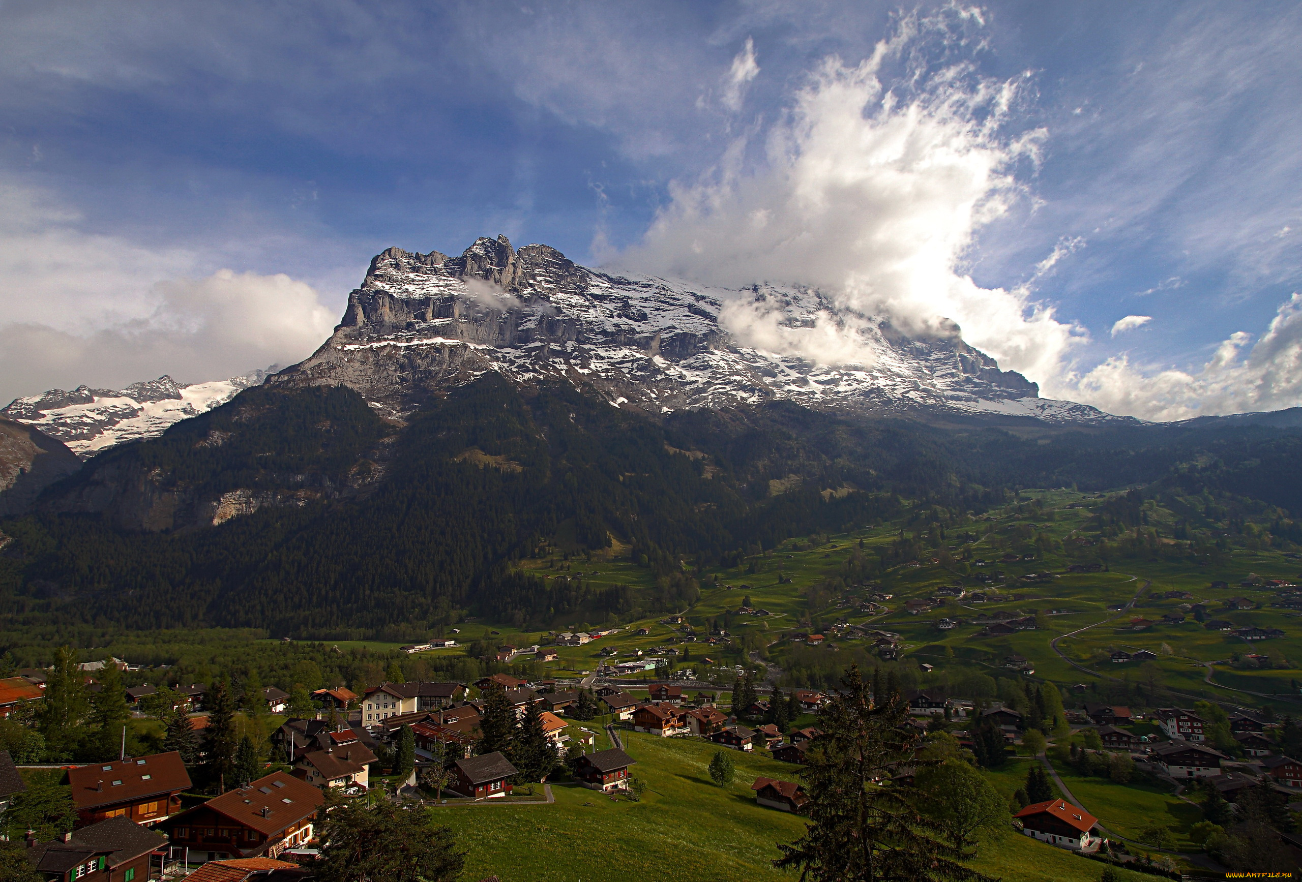 mount, eiger, switzerland, природа, горы, дома, ложбина