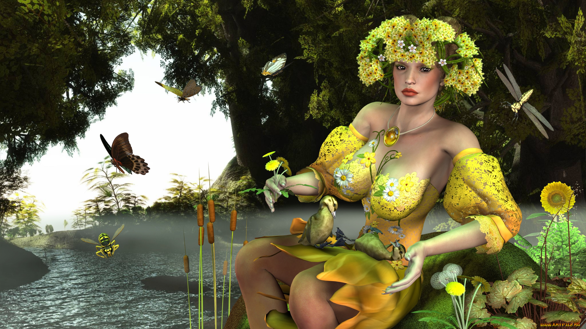 3д, графика, fantasy, фантазия, девушка, река, цветы, бабочки