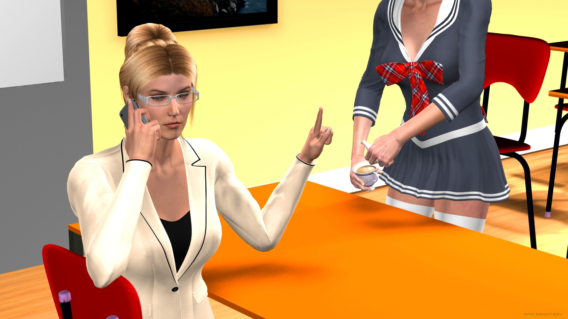 3д, графика, people, люди, стол, чашка, девушки, стулья, картина, офис