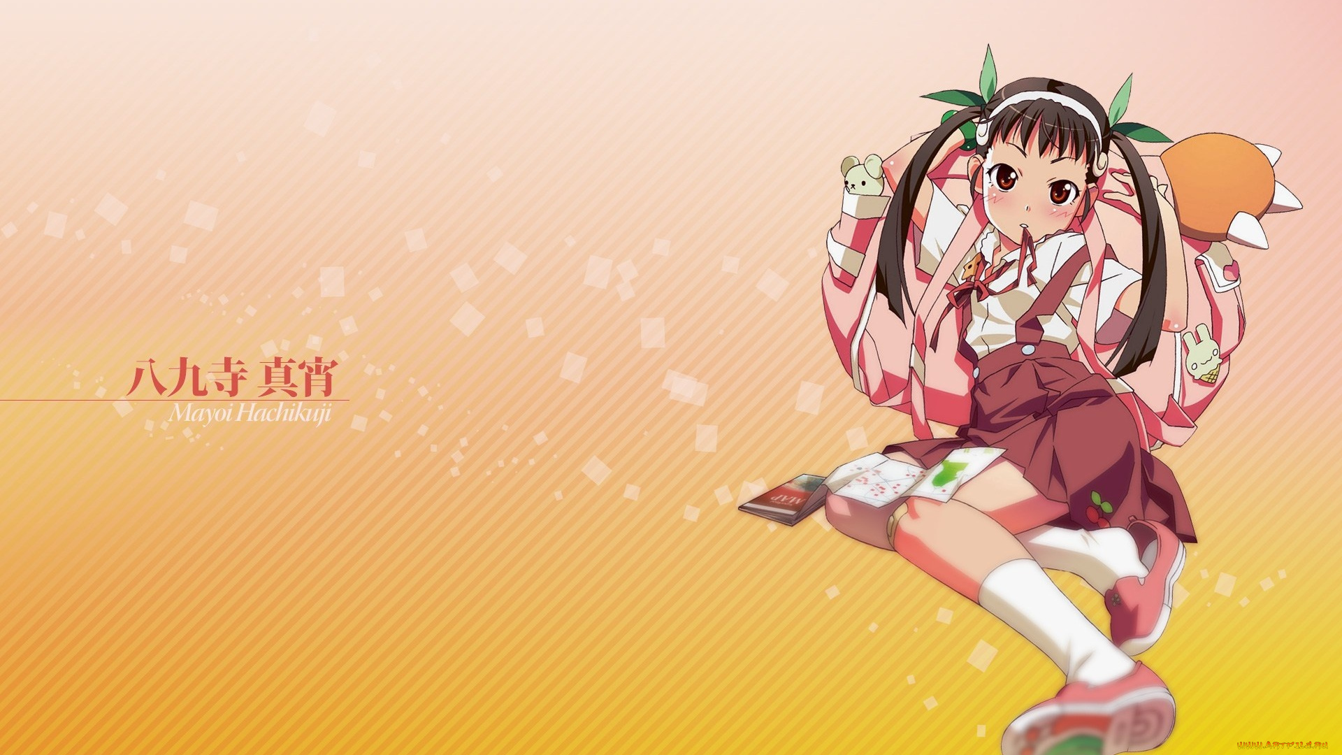 bakemonogatari, аниме, рюкзак, девушка, hachikuji, mayoi, форма, портфель, бант, лента, книга