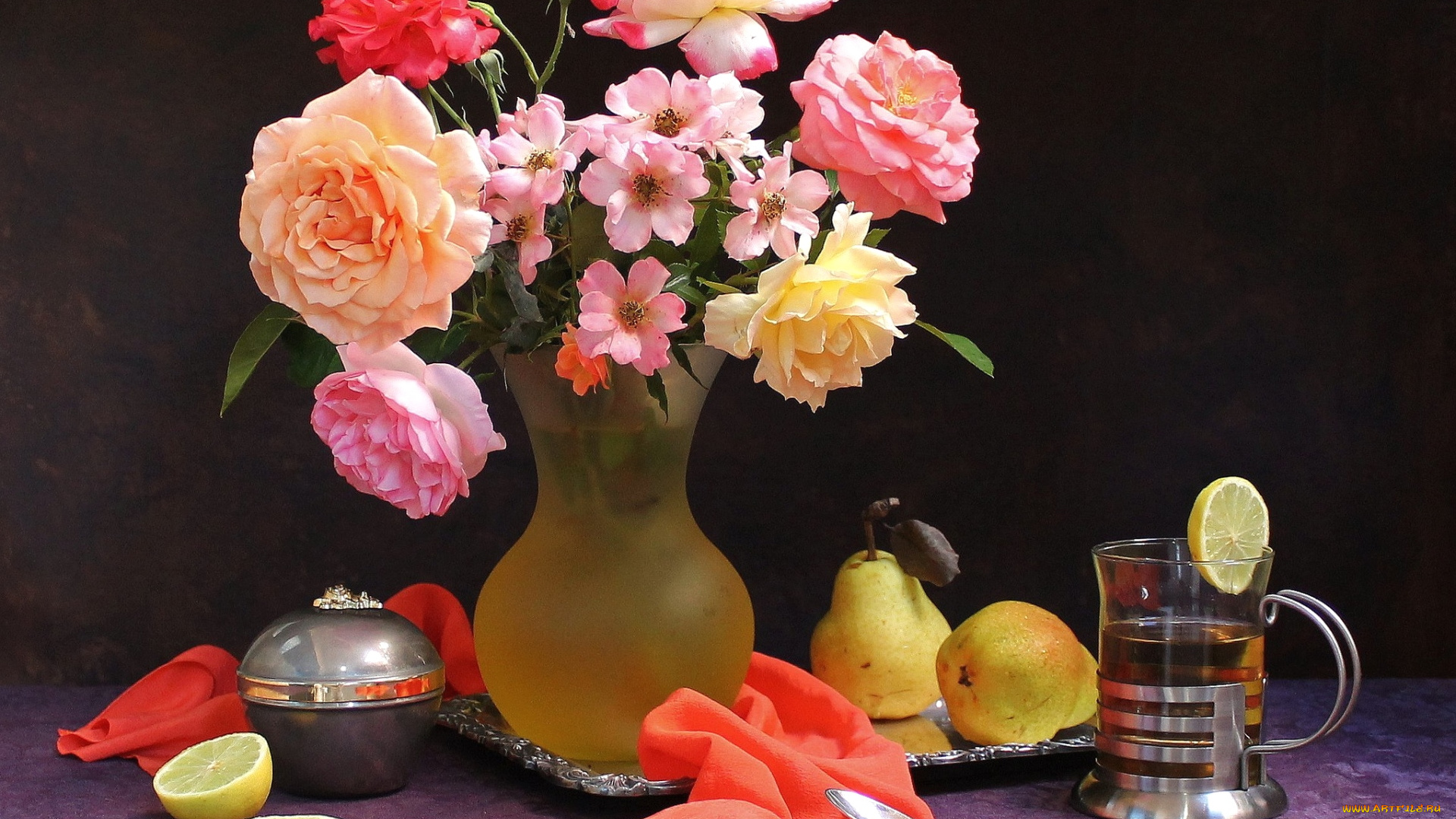 еда, натюрморт, букет, розы, чай, груши, лимон