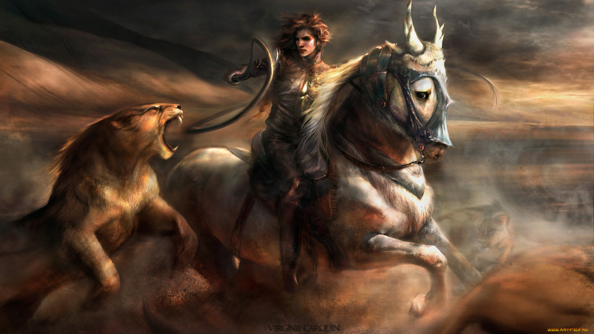фэнтези, всадники, наездники, лев, конь, дикая, девушка, движение, кнут, битва, пыль