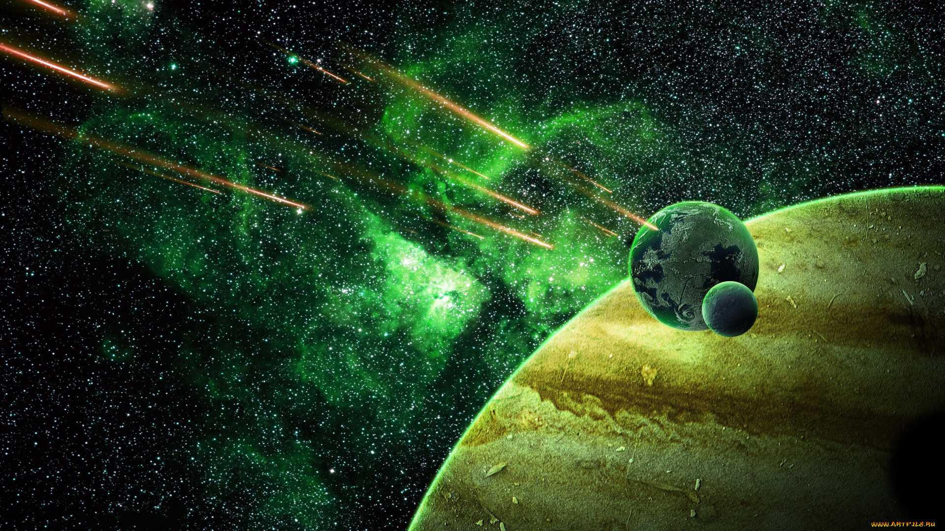 космос, арт, свет, звезды, планеты, метеоры, туманность