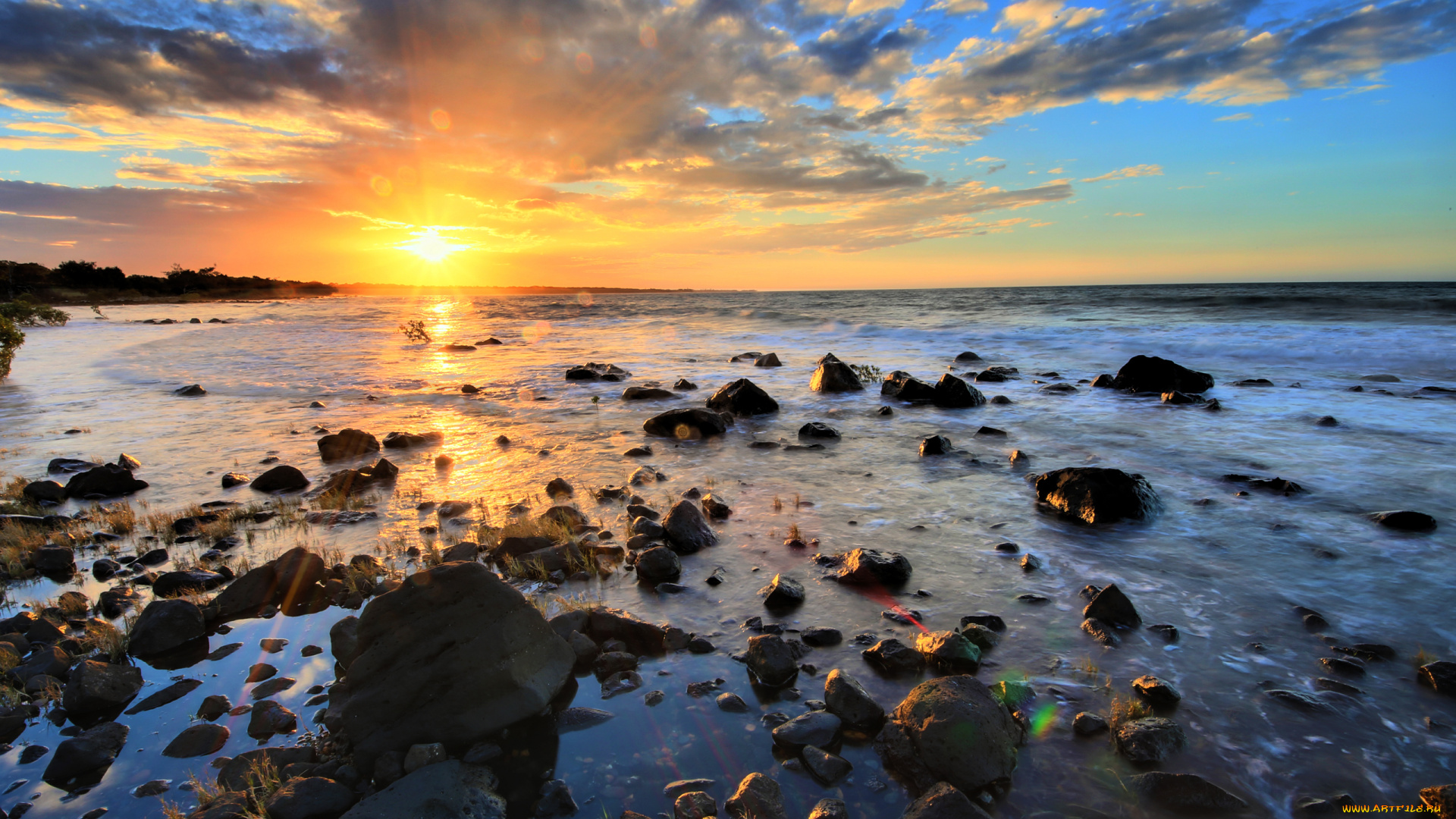 природа, восходы, закаты, свет, океан, горизонт, отлив, камни, солнце