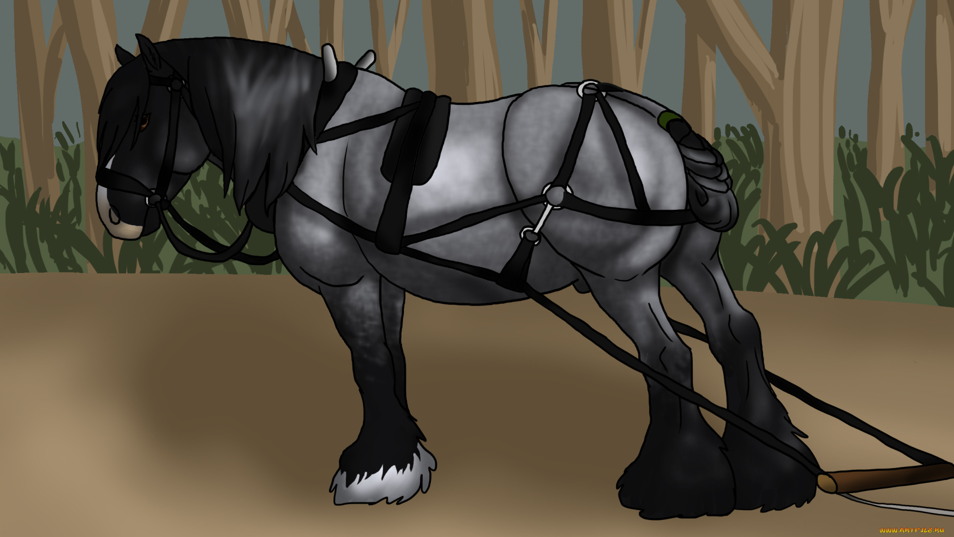 рисованные, животные, лошади, лошадь, лес