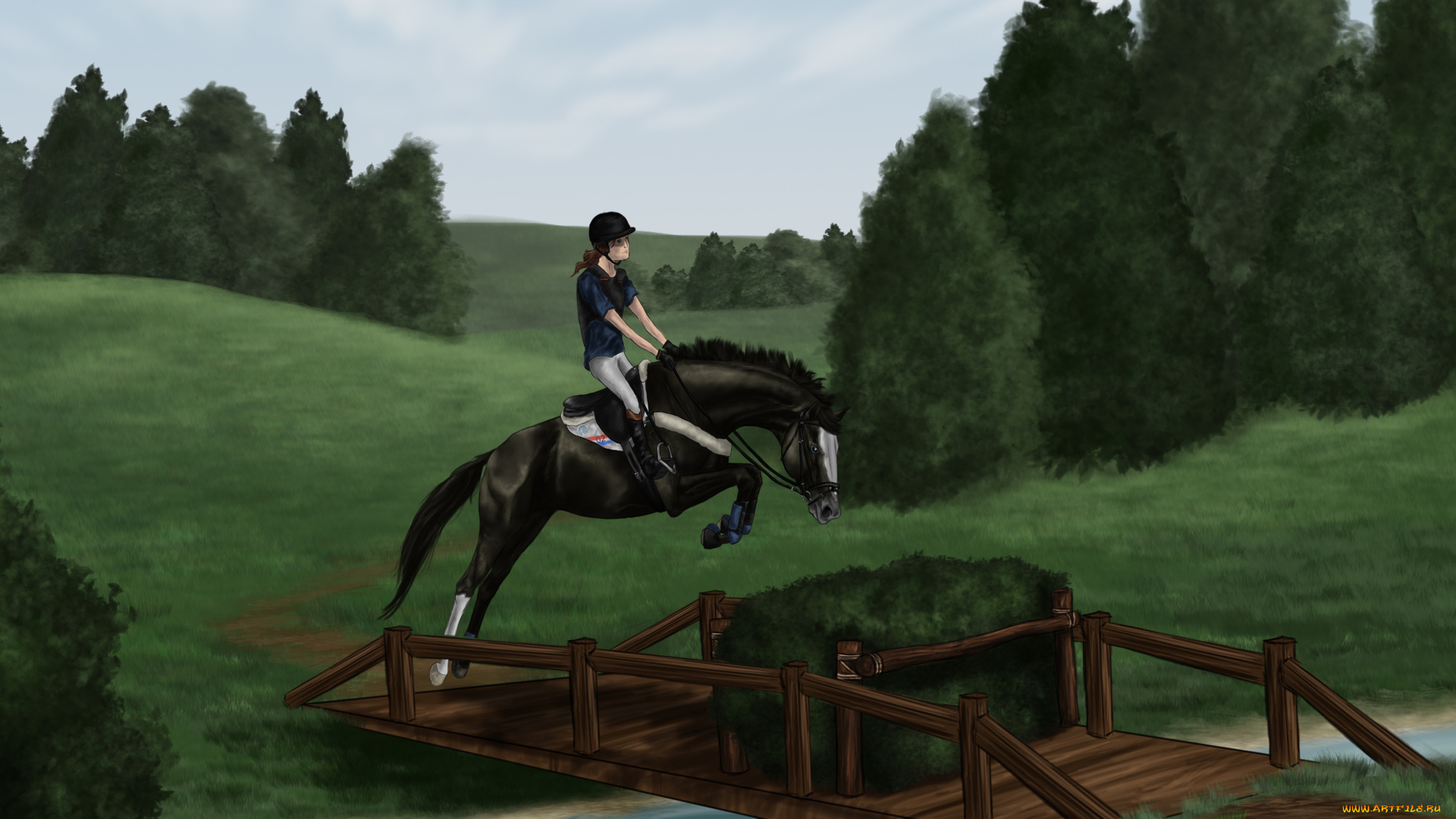 рисованные, животные, лошади, луг, деревья, прижок, всадник, лошадь, мост