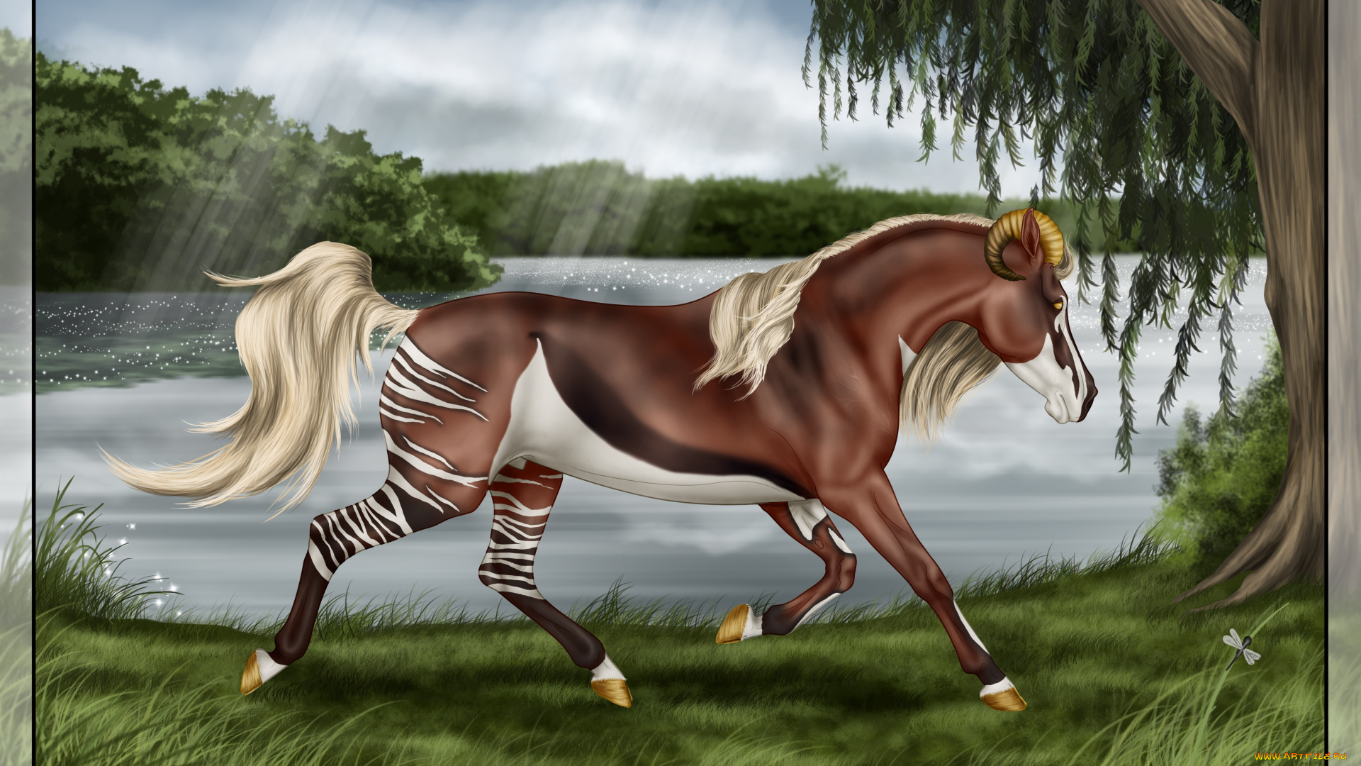 рисованные, животные, сказочные, мифические, озеро, лошадь