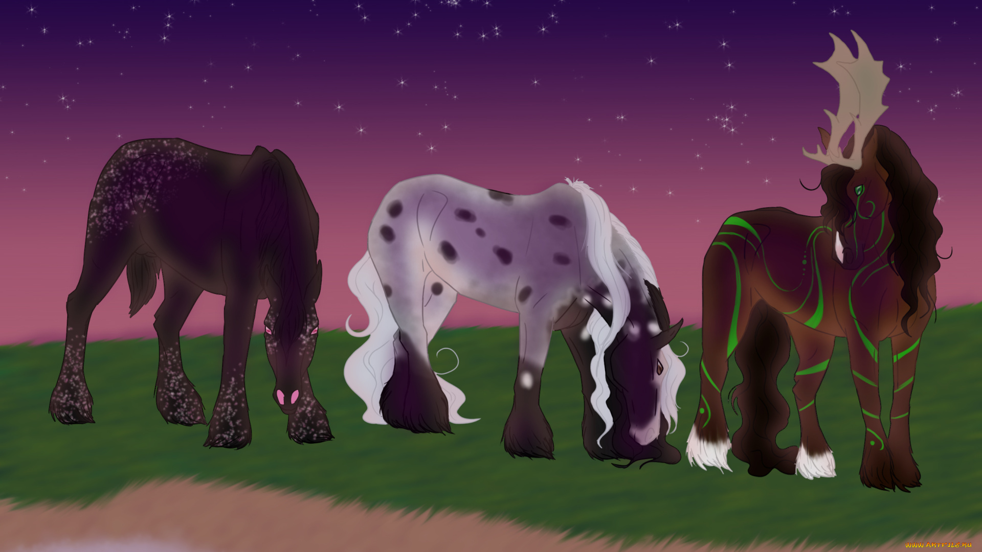 рисованные, животные, сказочные, мифические, лошади, рога