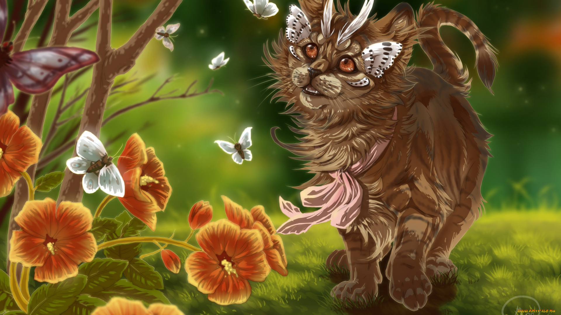рисованные, животные, сказочные, мифические, кот, бабочки, цветы