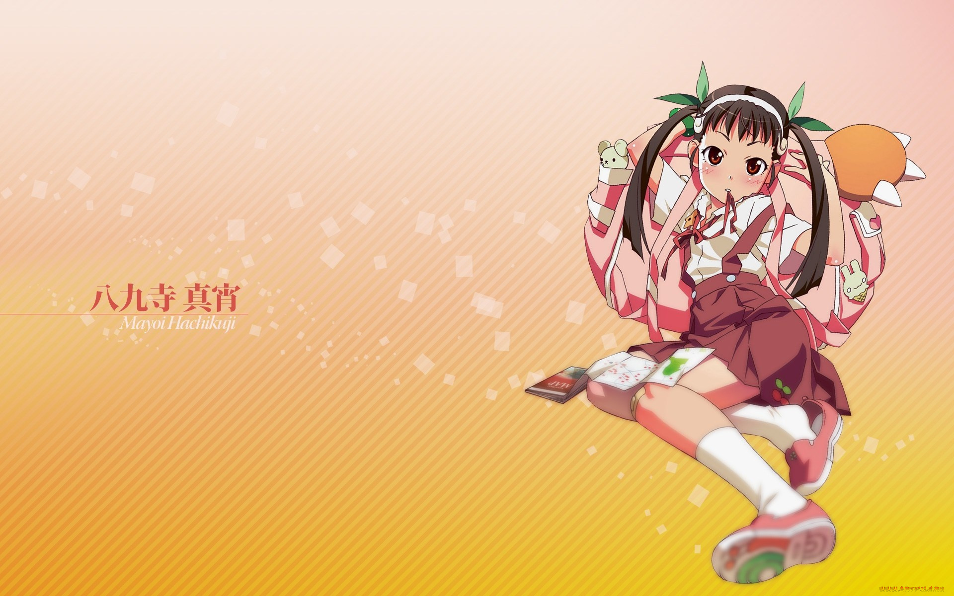 bakemonogatari, аниме, рюкзак, девушка, hachikuji, mayoi, форма, портфель, бант, лента, книга