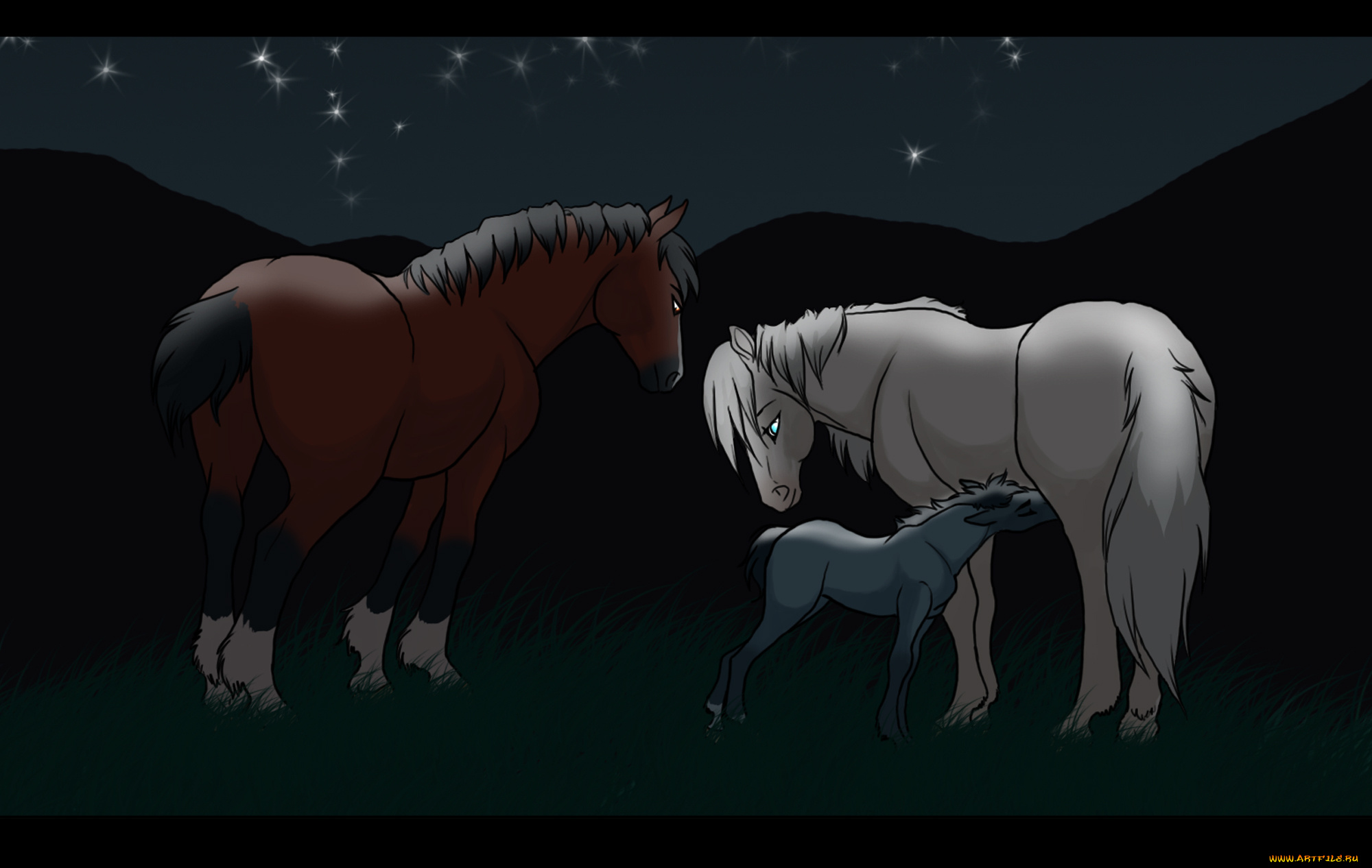 рисованные, животные, лошади, горы, ночь