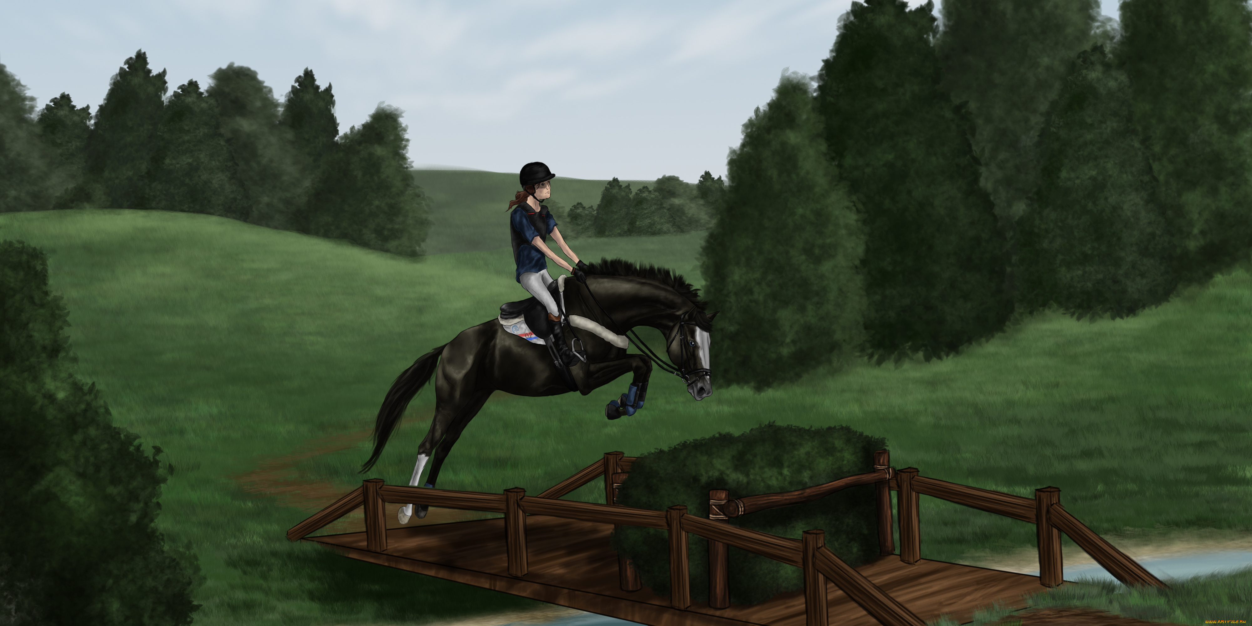 рисованные, животные, лошади, луг, деревья, прижок, всадник, лошадь, мост