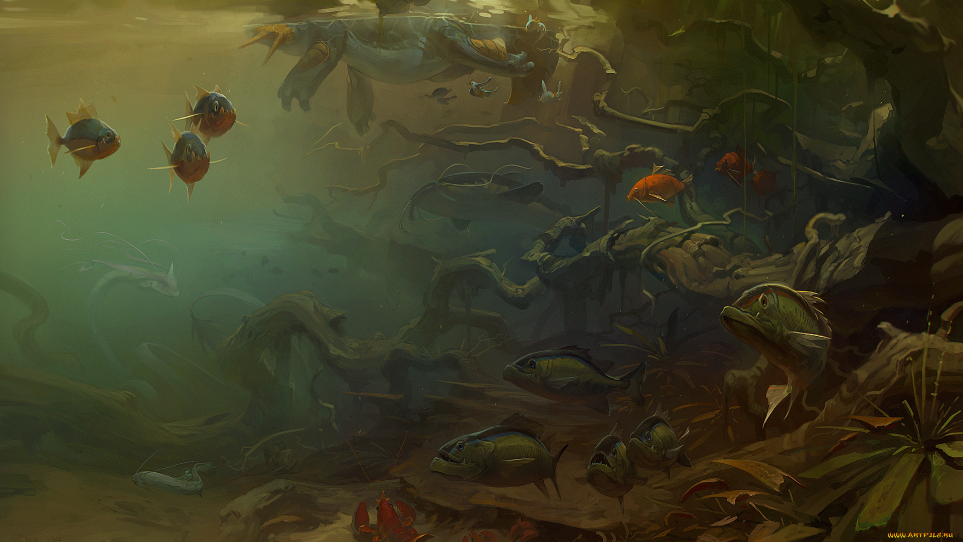 фэнтези, драконы, рыбы, дракон, черепаха, море