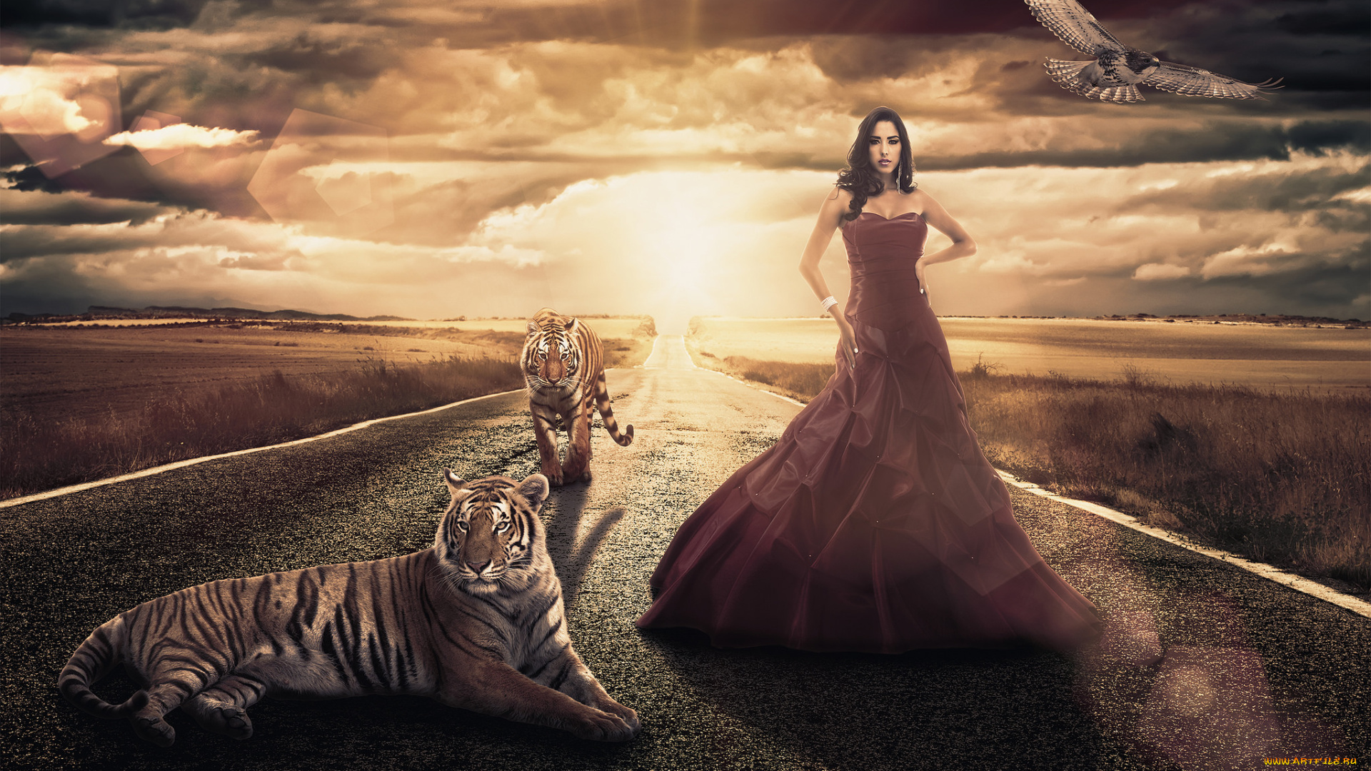 фэнтези, фотоарт, the, road, тигры, девушка, дорога, girl, tigers
