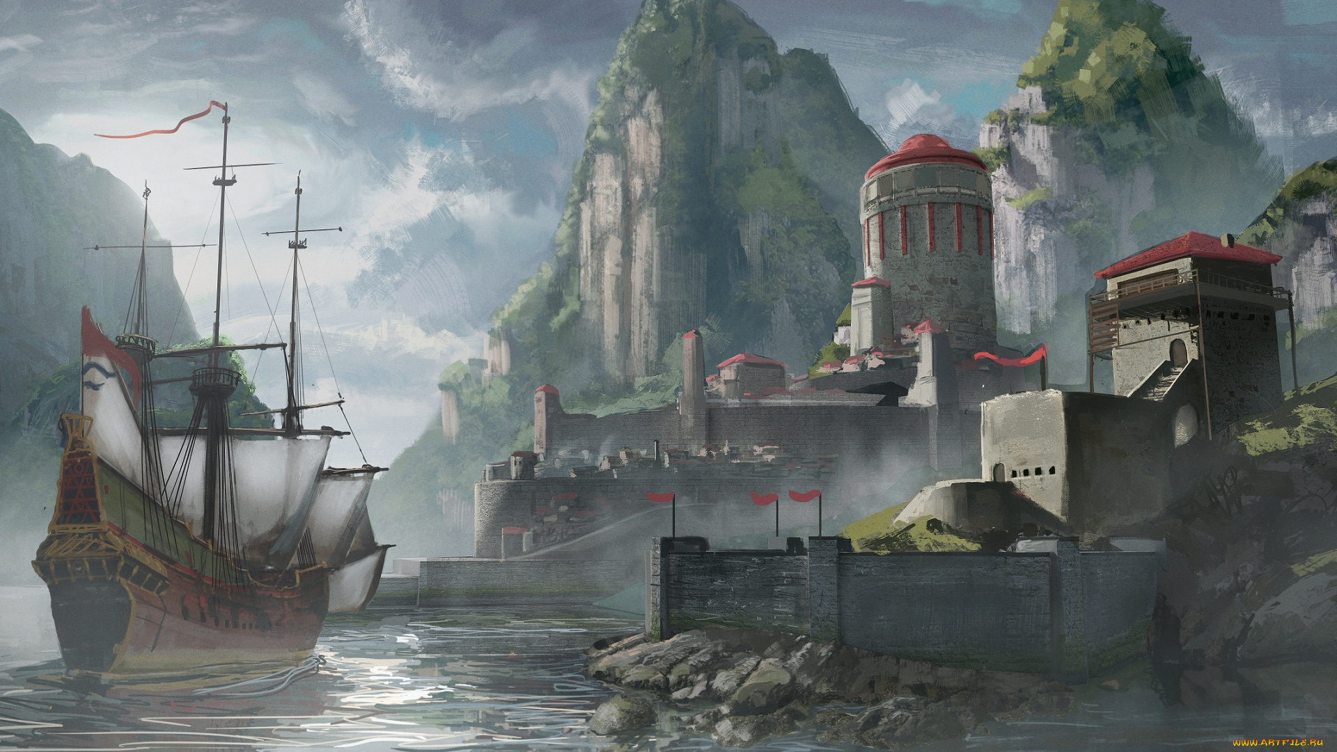 фэнтези, иные, миры, , иные, времена, парус, горы, скалы, замок, корабль, порт