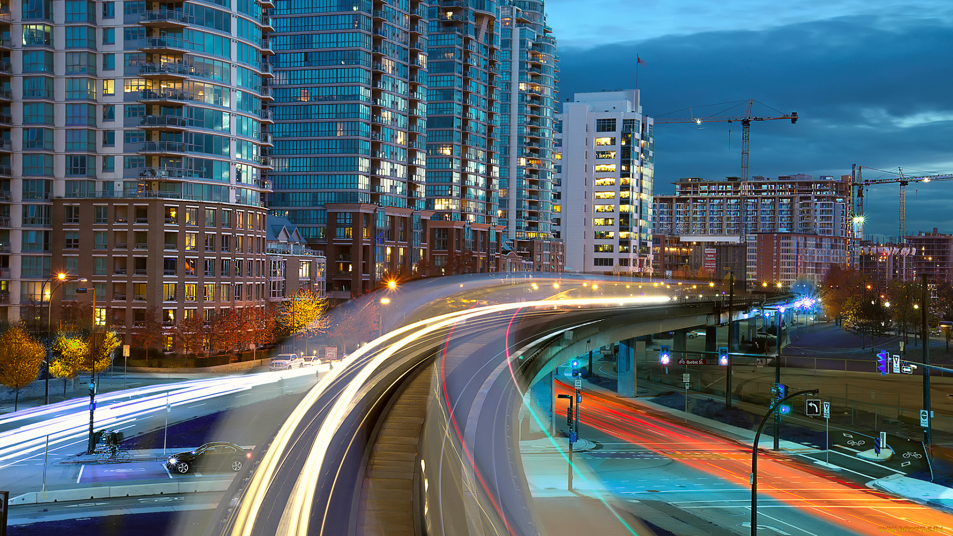 города, квебек, , канада, огни, дорога, вечер, кран, стройка, дома, город, выдержка, поезд