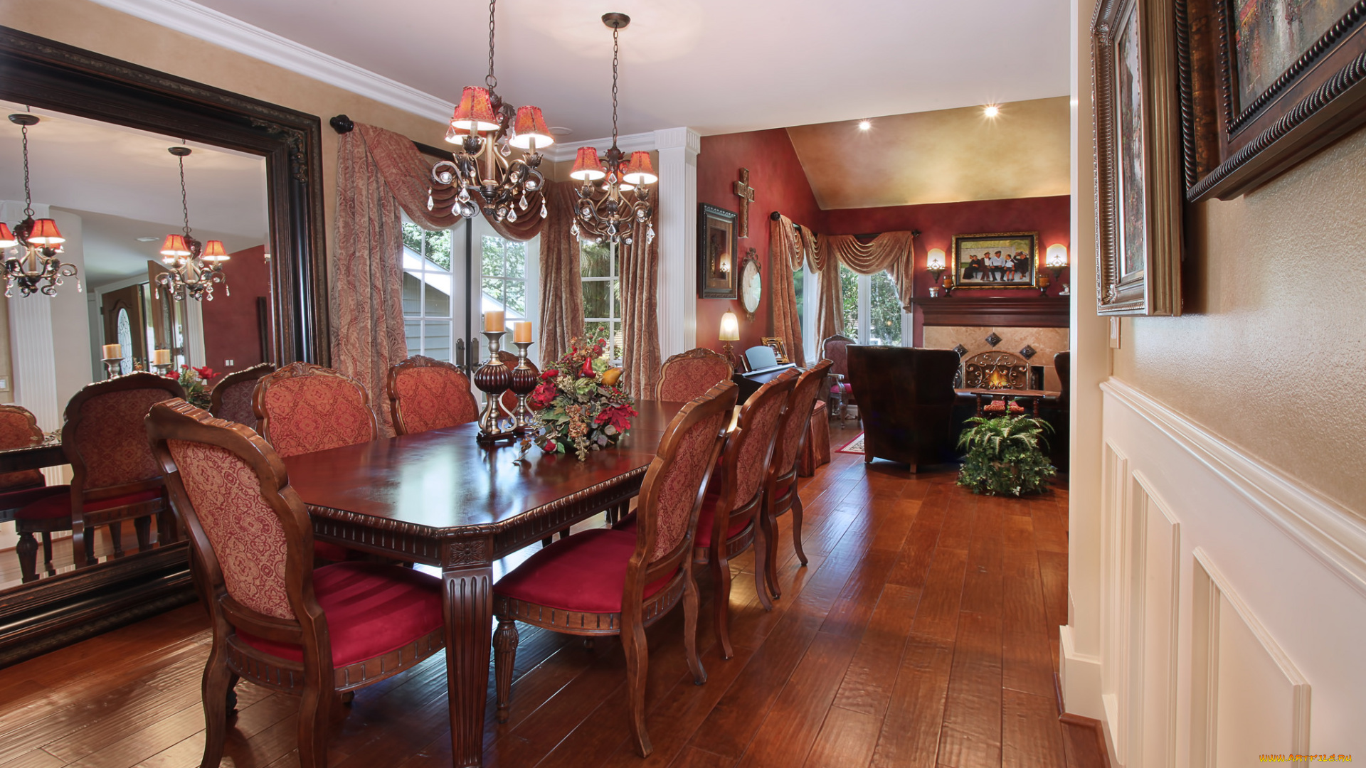 интерьер, столовая, dining, room, стиль, цветы, люстры, style, flowers, chandeliers