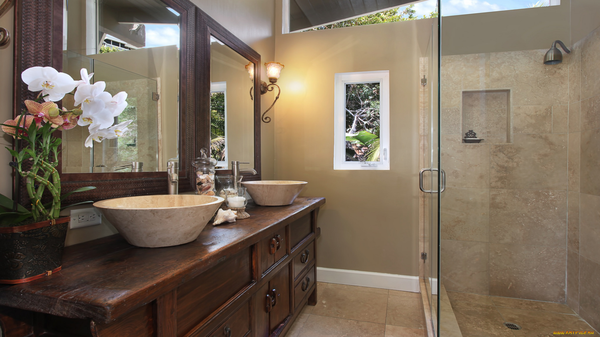 интерьер, ванная, и, туалетная, комнаты, стиль, ванная, цветы, дизайн