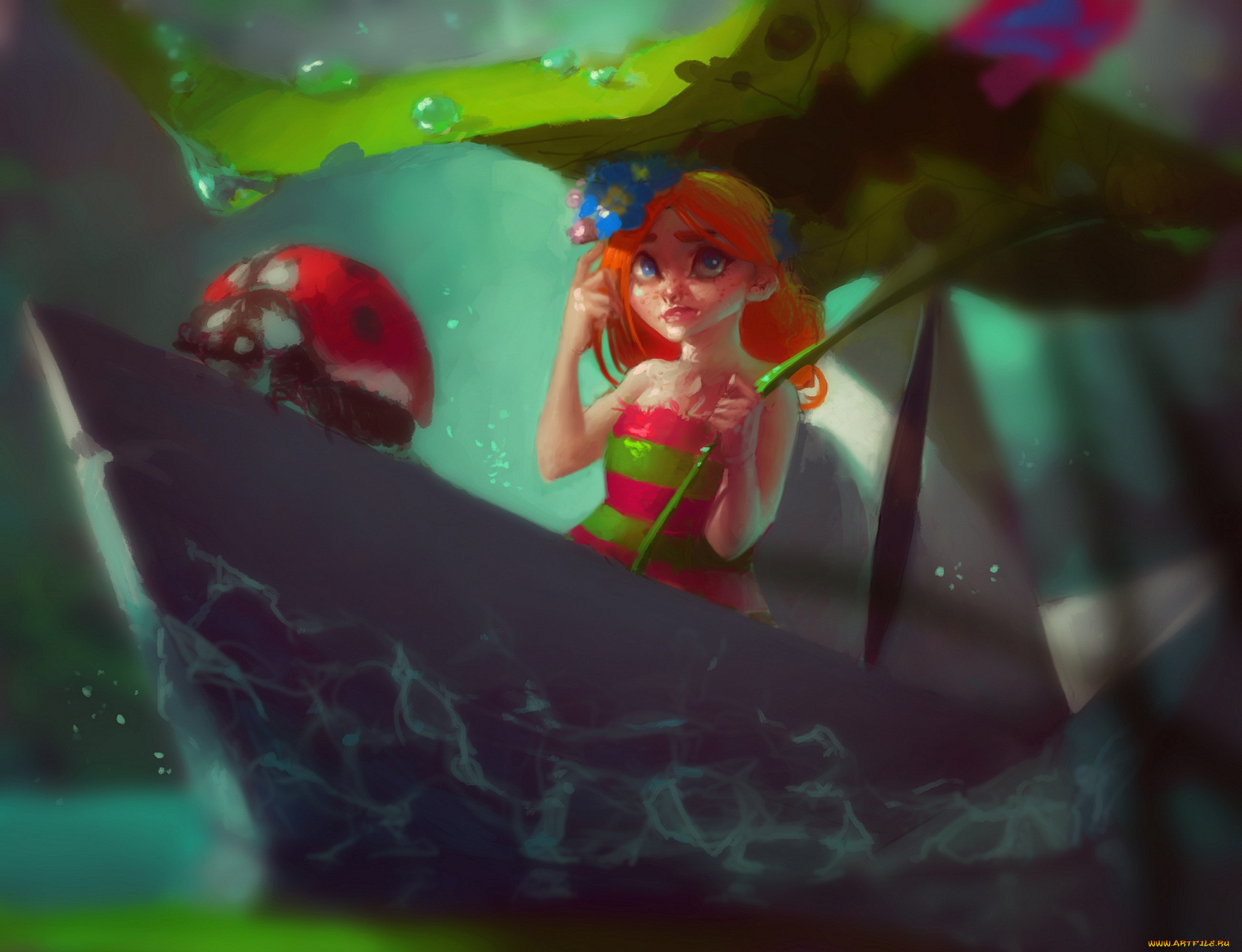 фэнтези, девушки, коровка, девочка, божья, жук, капля, лист, кораблик