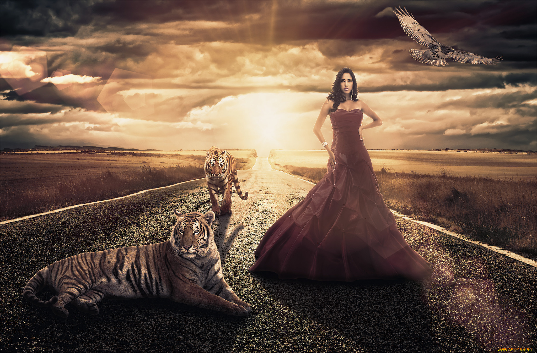 фэнтези, фотоарт, the, road, тигры, девушка, дорога, girl, tigers