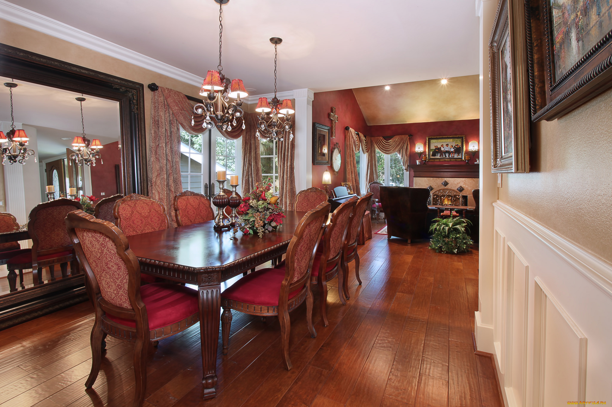 интерьер, столовая, dining, room, стиль, цветы, люстры, style, flowers, chandeliers