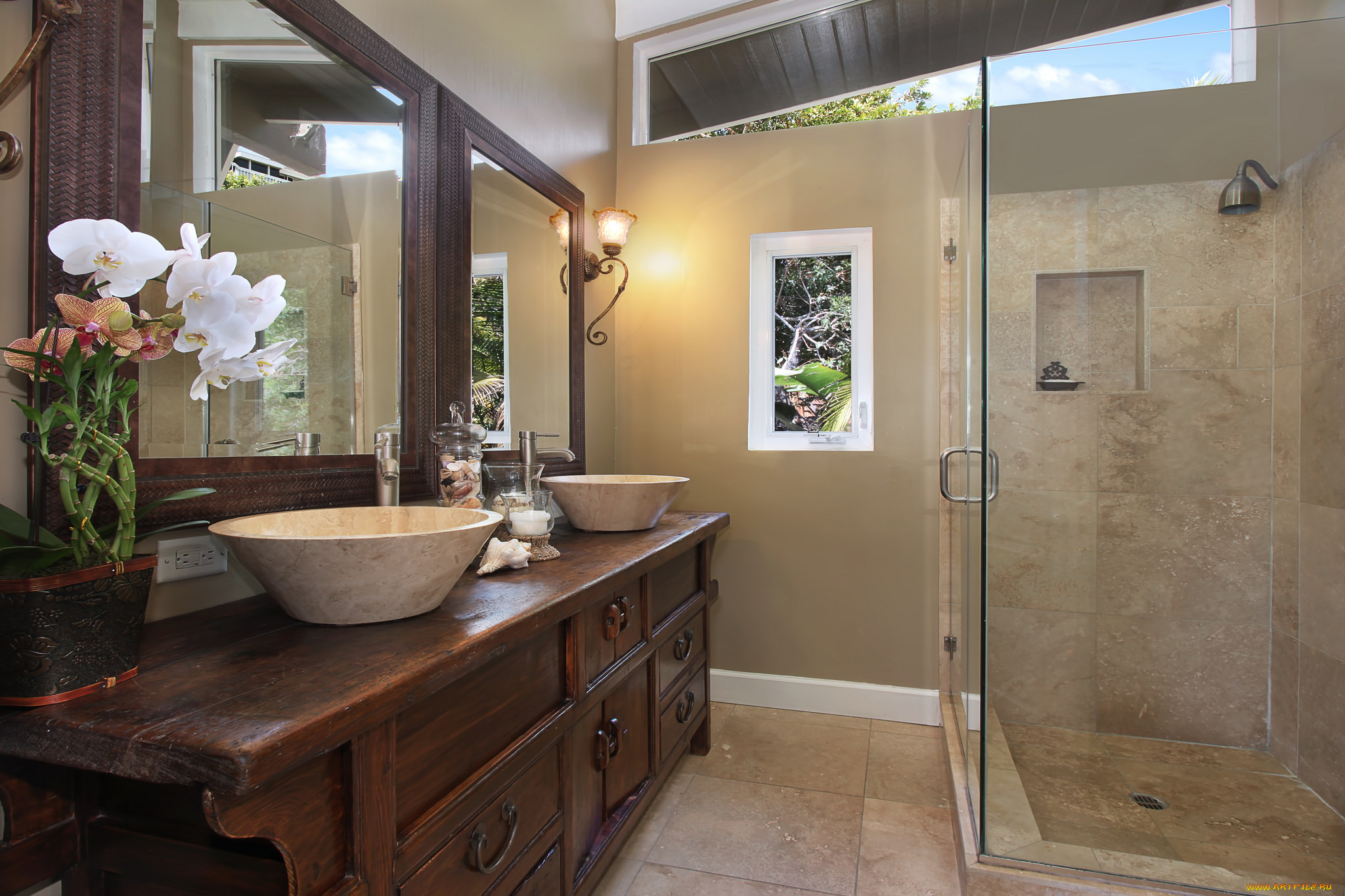 интерьер, ванная, и, туалетная, комнаты, стиль, ванная, цветы, дизайн