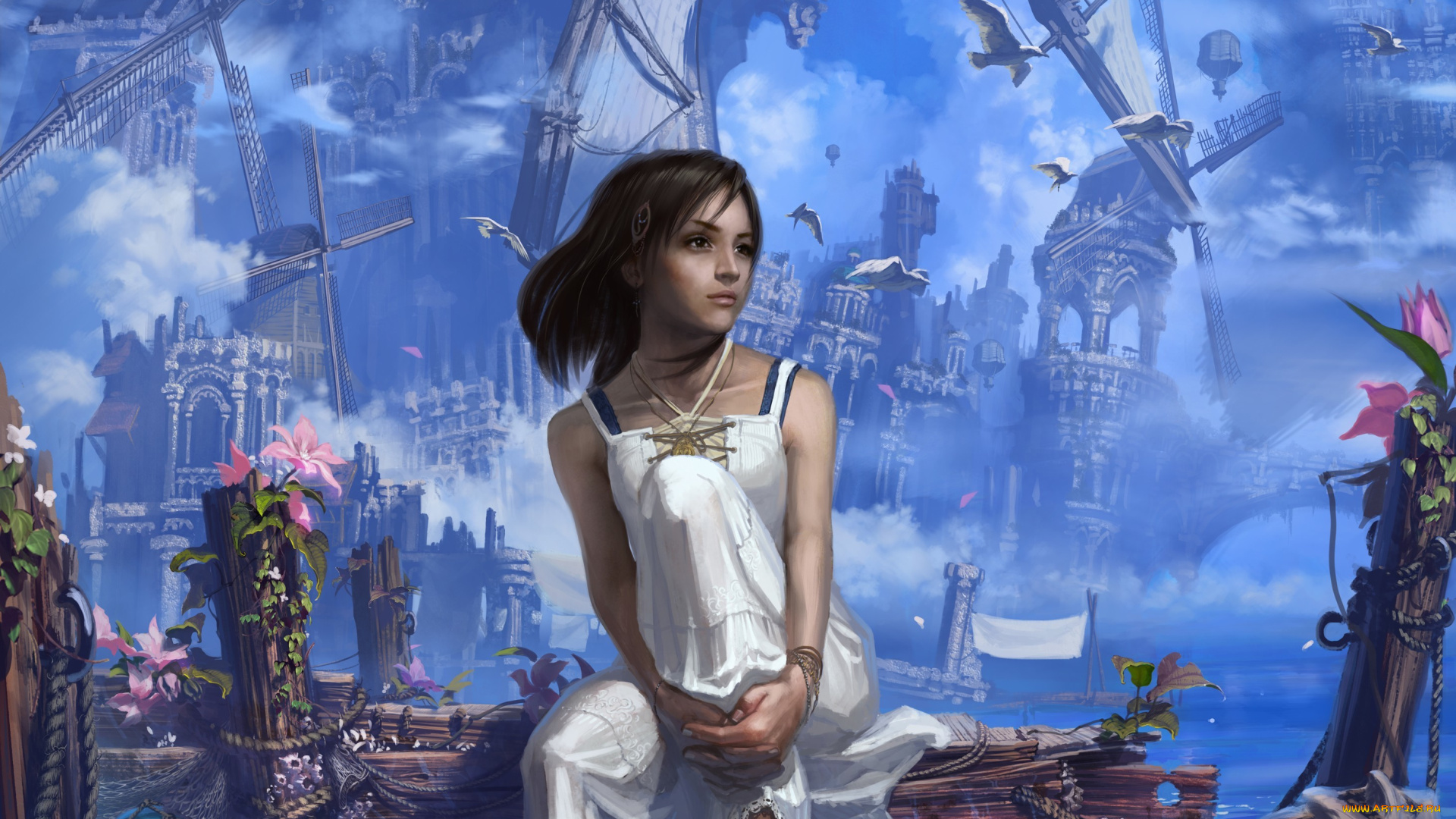 фэнтези, девушки, арт, reishin, девушка, море, город, мельница, чайки, птицы