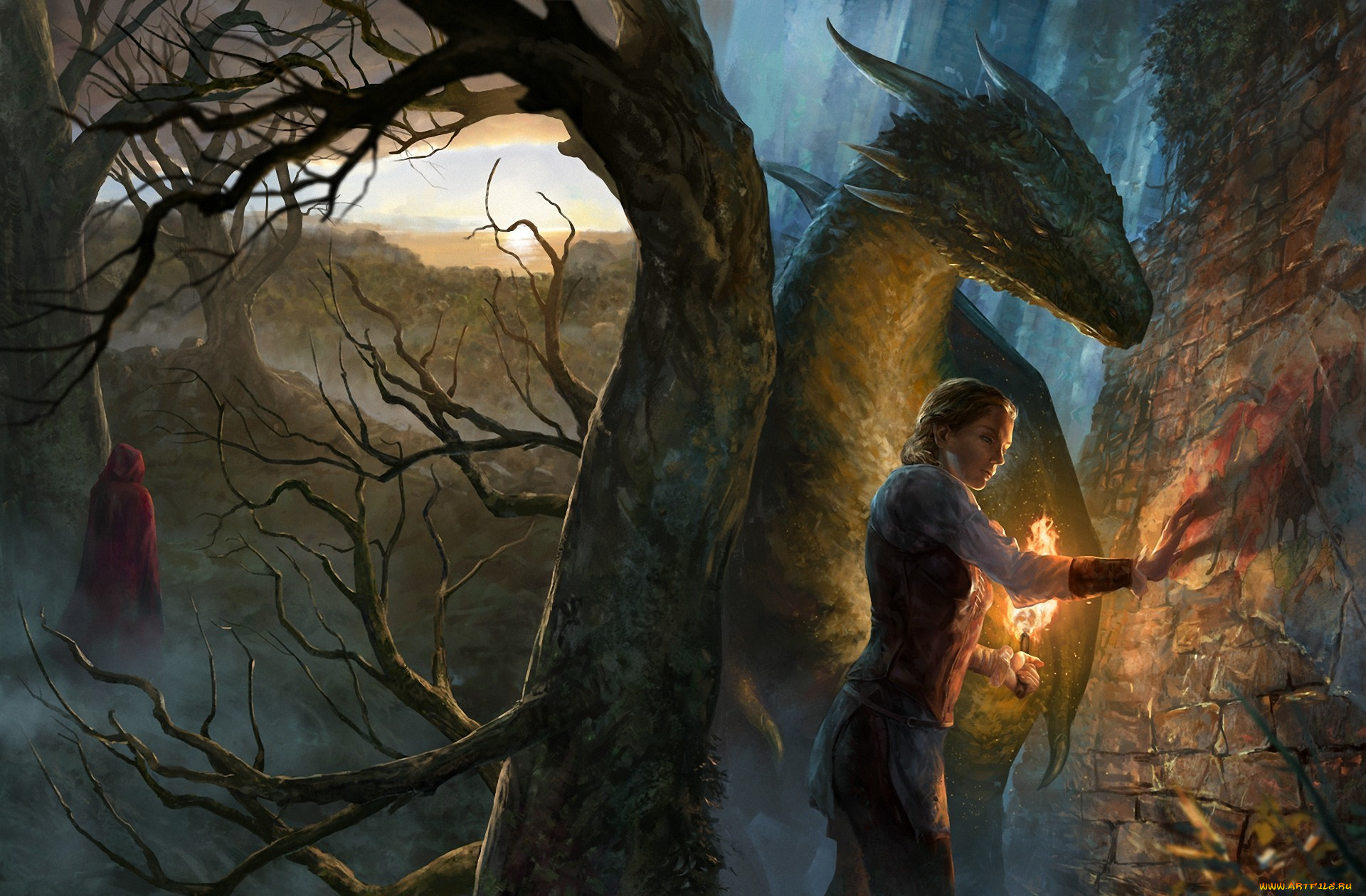 фэнтези, красавицы, и, чудовища, арт, иллюстрация, к, книге, the, beginning, legend, of, oescienne, jenna, elizabeth, johnson, девушка, стена, дракон, фигура, плащ, дерево, факел