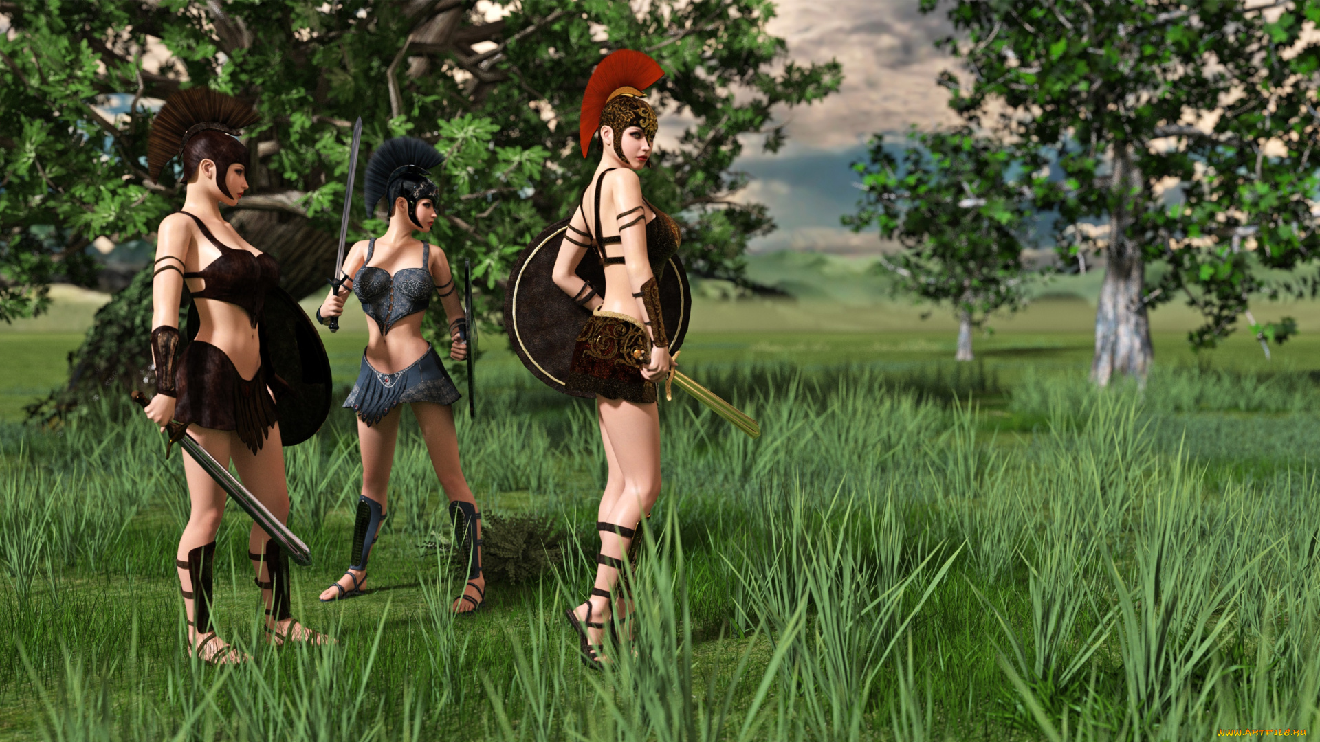 3д, графика, амазонки, , amazon, девушки, взгляд, фон, оружие