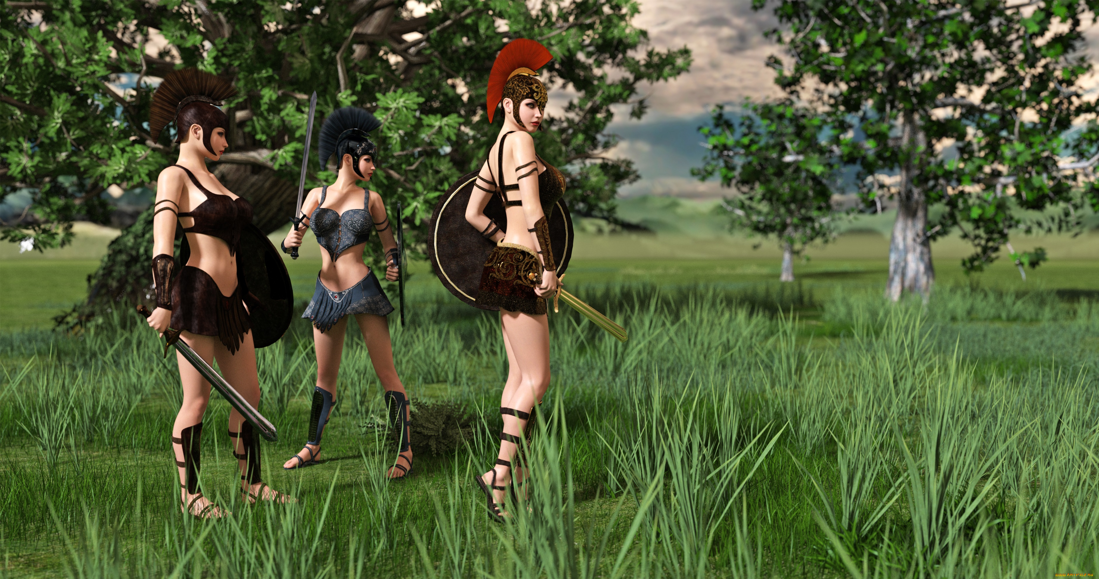 3д, графика, амазонки, , amazon, девушки, взгляд, фон, оружие