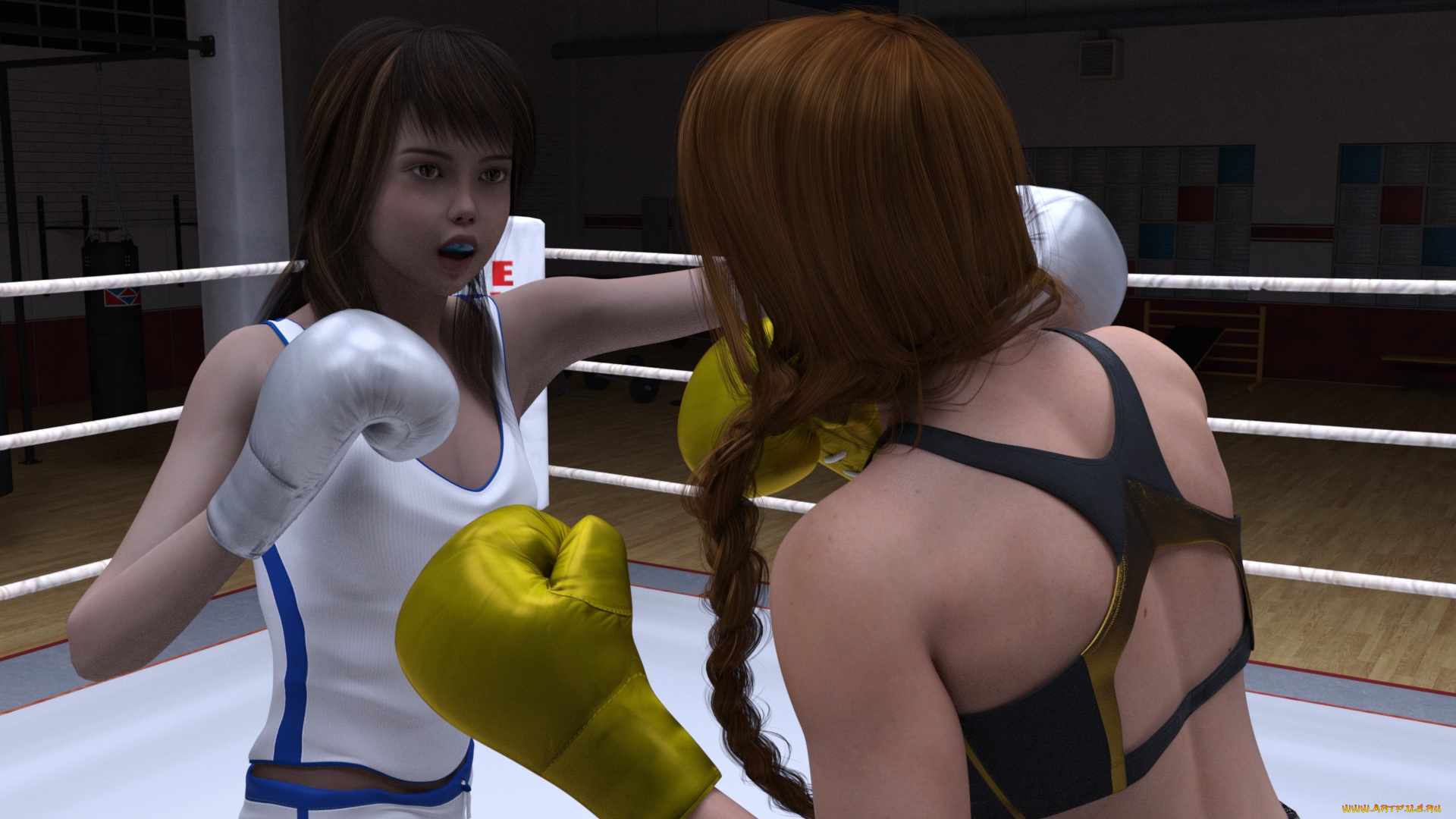 3д, графика, спорт, , sport, бокс, ринг, девушки, взгляд, фон