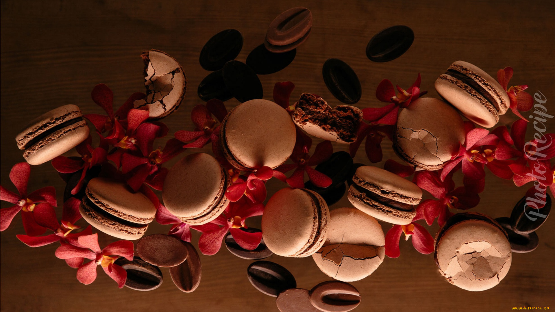 еда, макаруны, орхидея, пирожное