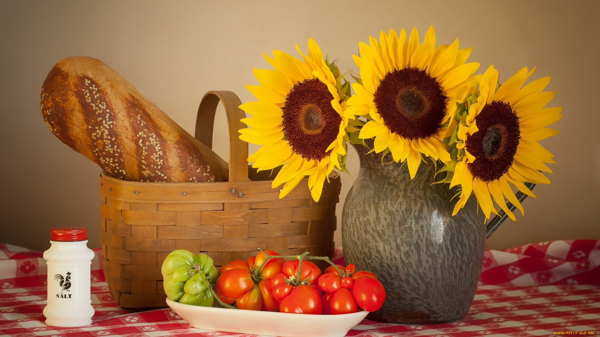 еда, натюрморт, помидоры, соль, хлеб, подсолнухи, томаты