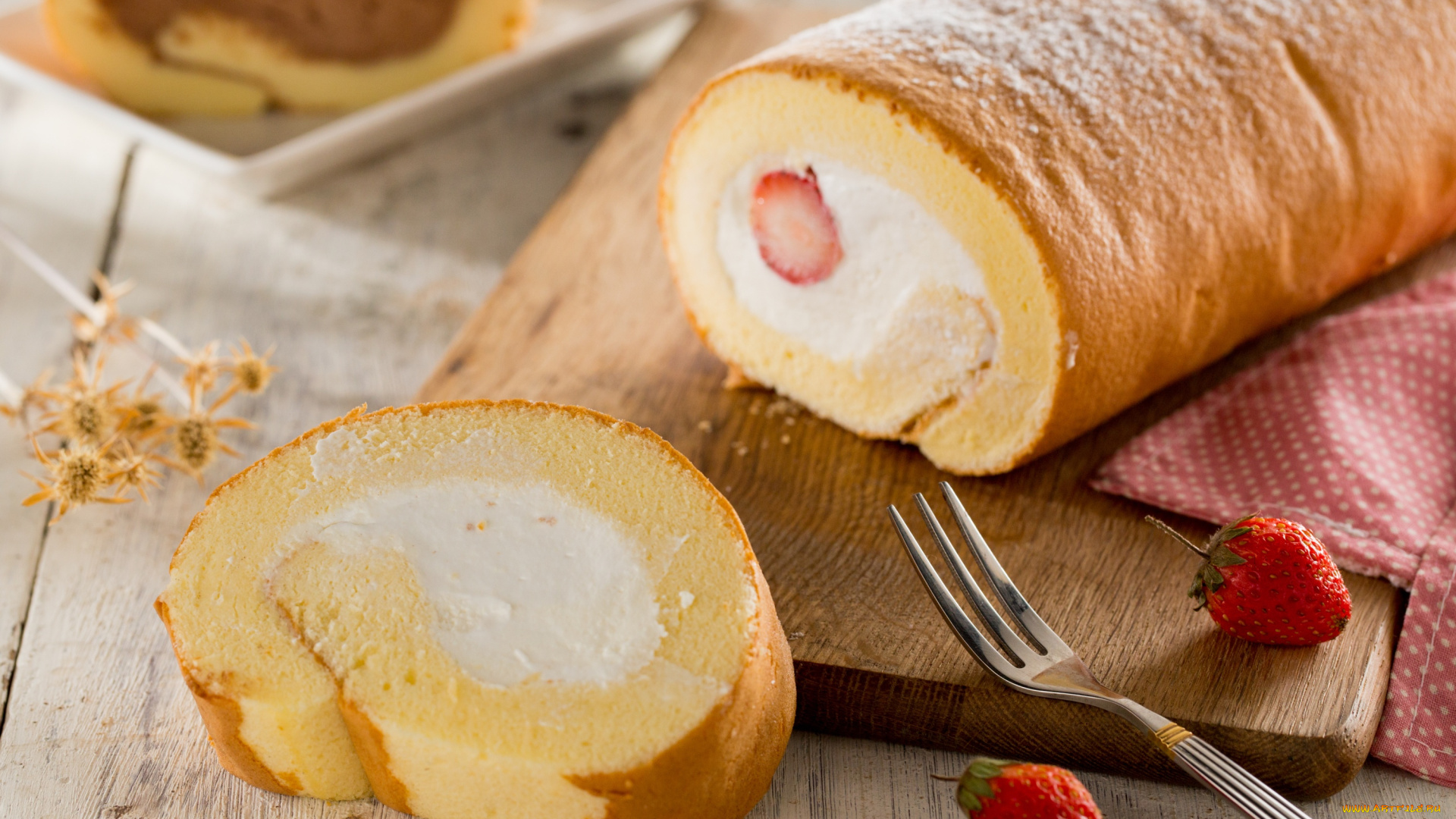 еда, пирожные, , кексы, , печенье, клубника, крем, десерт, бисквит, рулет