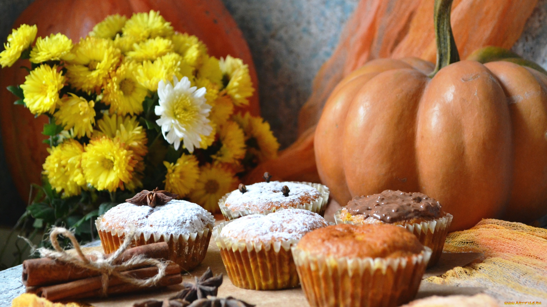 еда, пирожные, , кексы, , печенье, выпечка, корица, тыква, цветы, осень, кексы