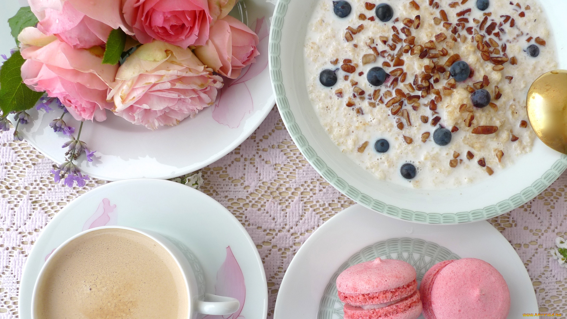 еда, разное, розы, голубика, макаруны, овсянка