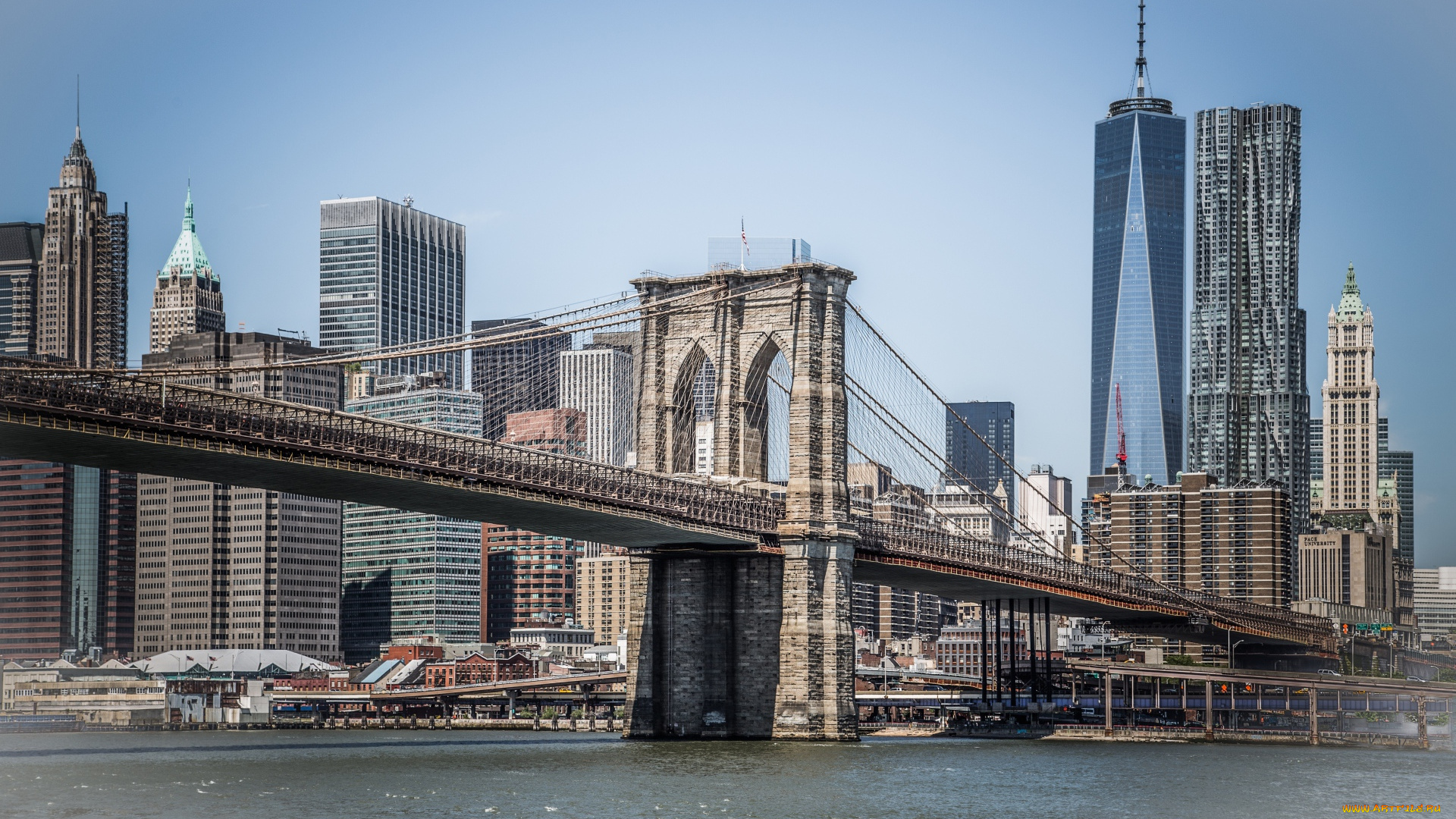 города, нью-йорк, , сша, бруклинский, мост, с, видом, на, город, манхэттен, ?????????, ????????, ?????