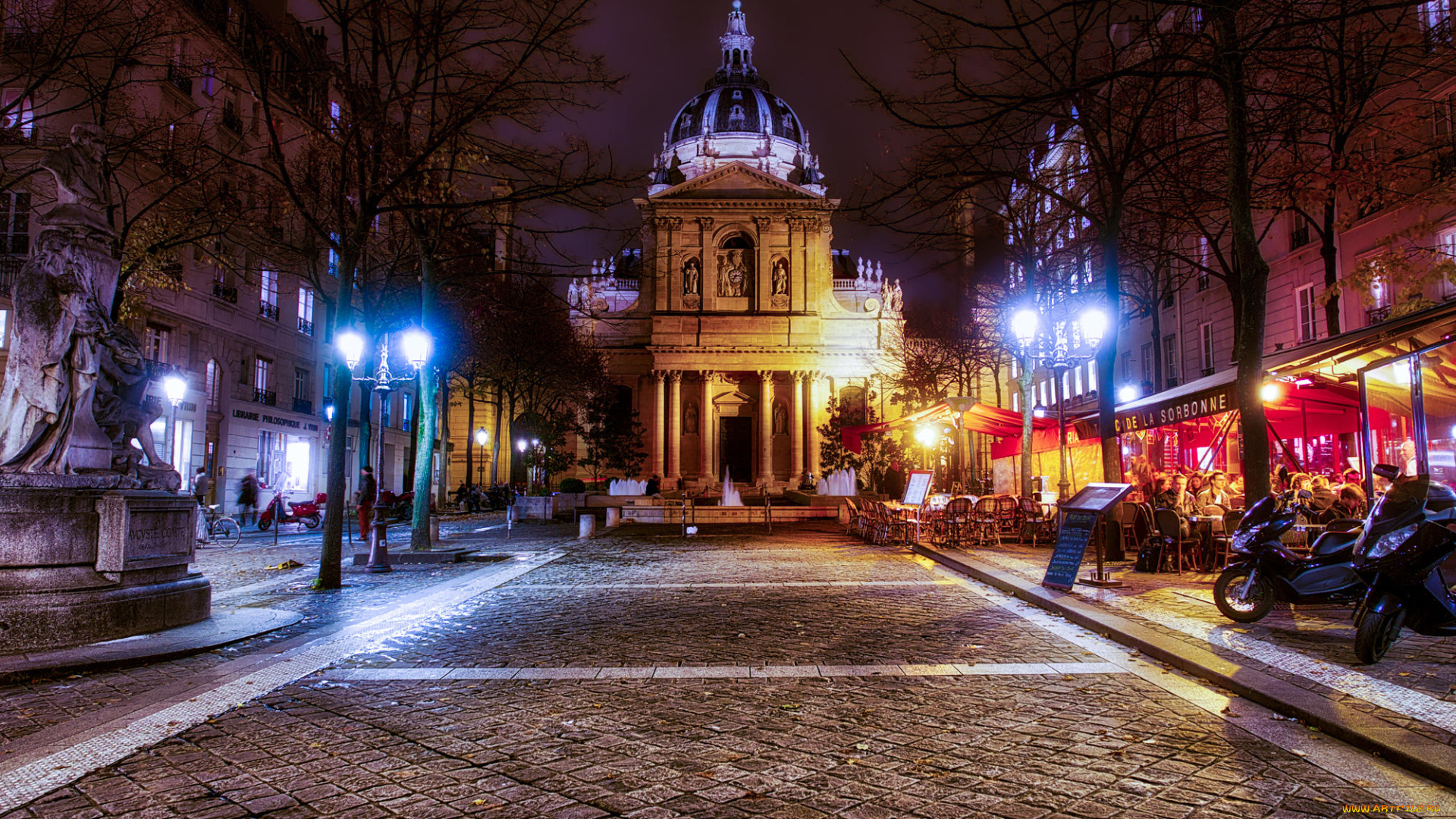 города, париж, , франция, ночь, город, париж, сорбонна