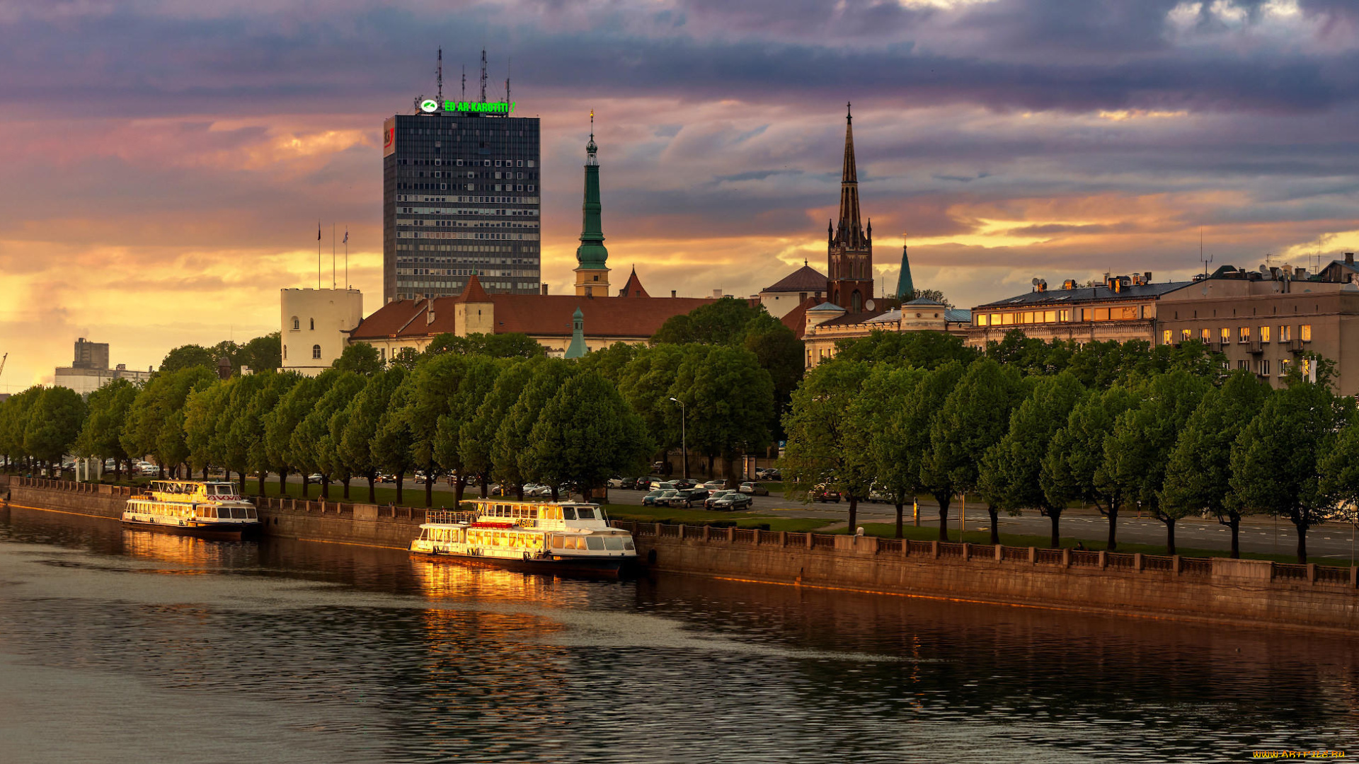 города, рига, , латвия, рига, закат, солнца