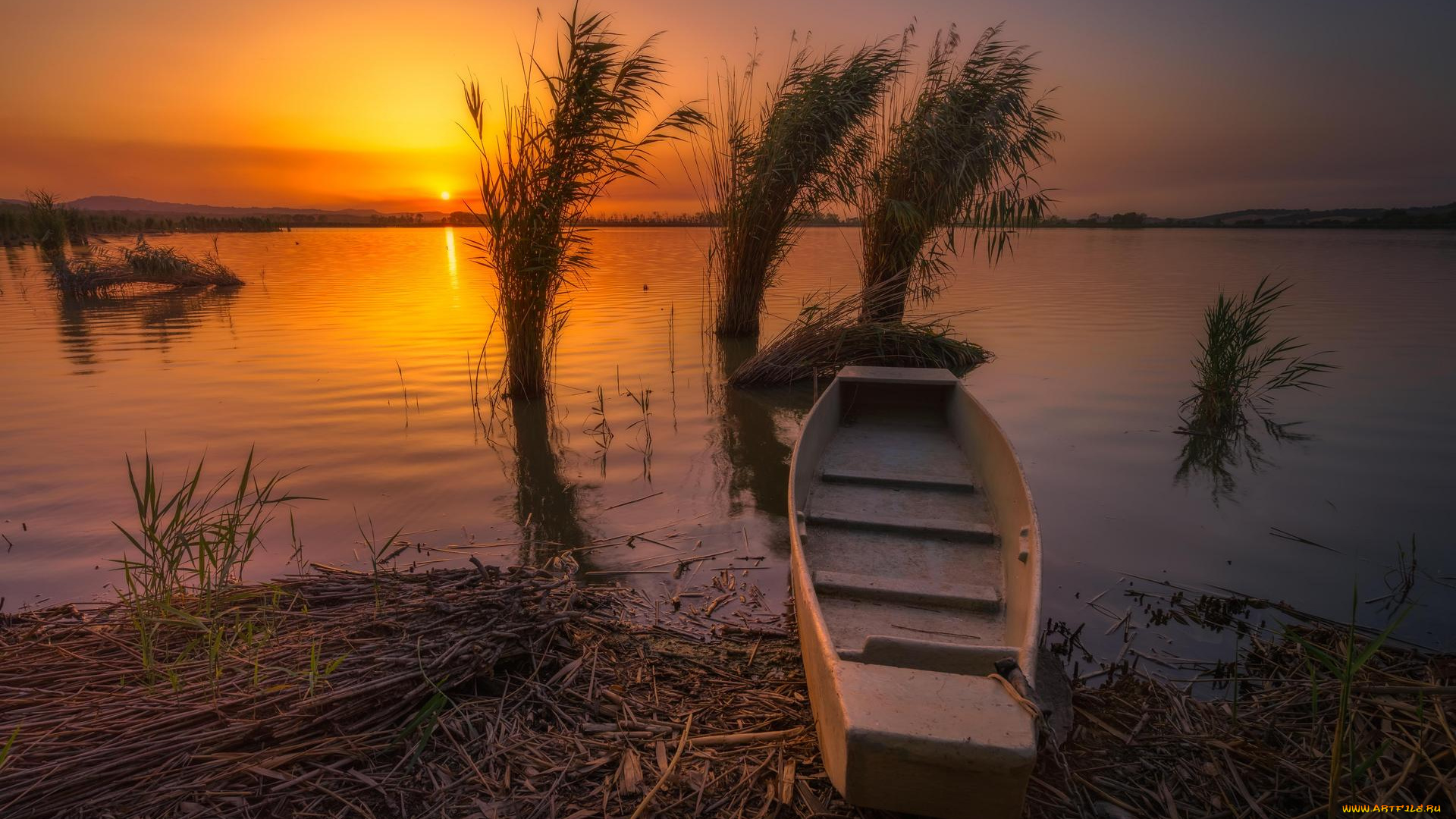 корабли, лодки, , шлюпки, берег, закат, озеро, пейзаж, лодка