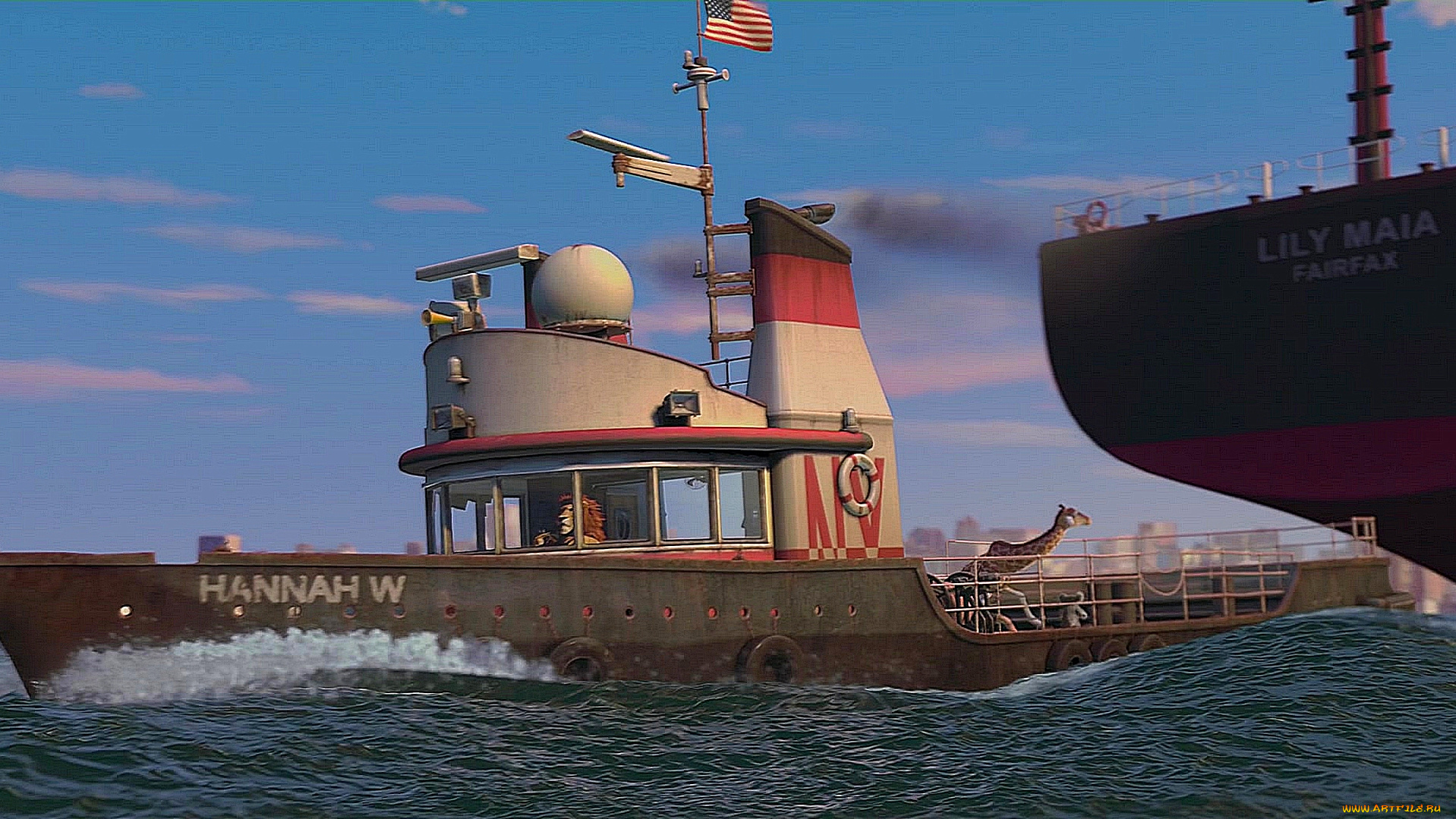 корабли, рисованные, флаг, звери, животные, катер, водоем