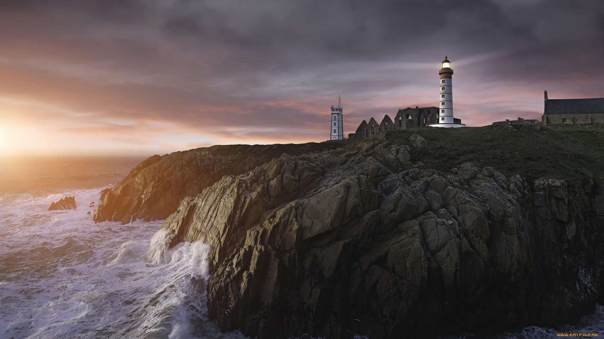 природа, маяки, пуэнт-де-сен-матье, море, закат, франция, бретань